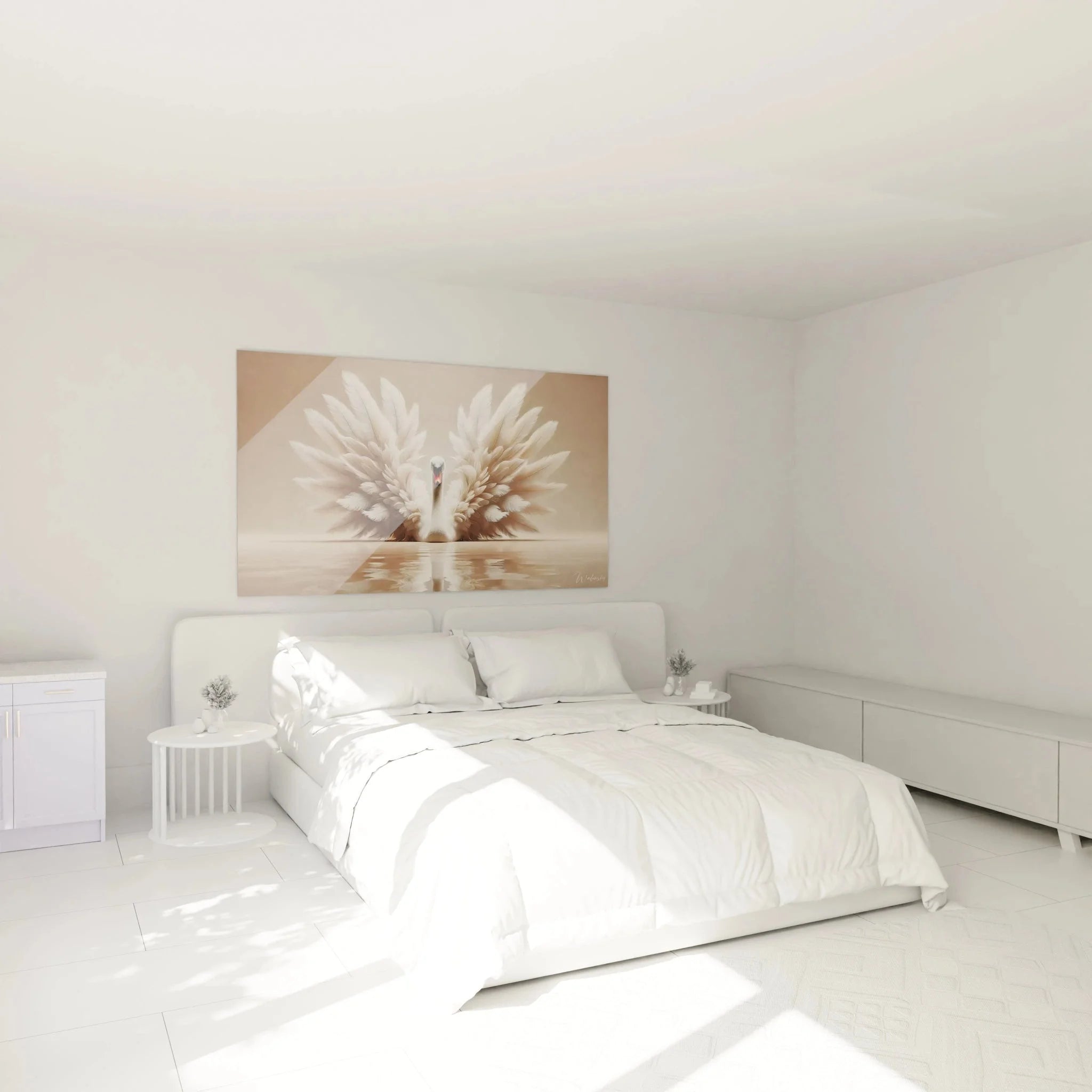 Schwan Wandbild XXL in modernem Schlafzimmer, elegante Wanddeko in warmen Farbtönen