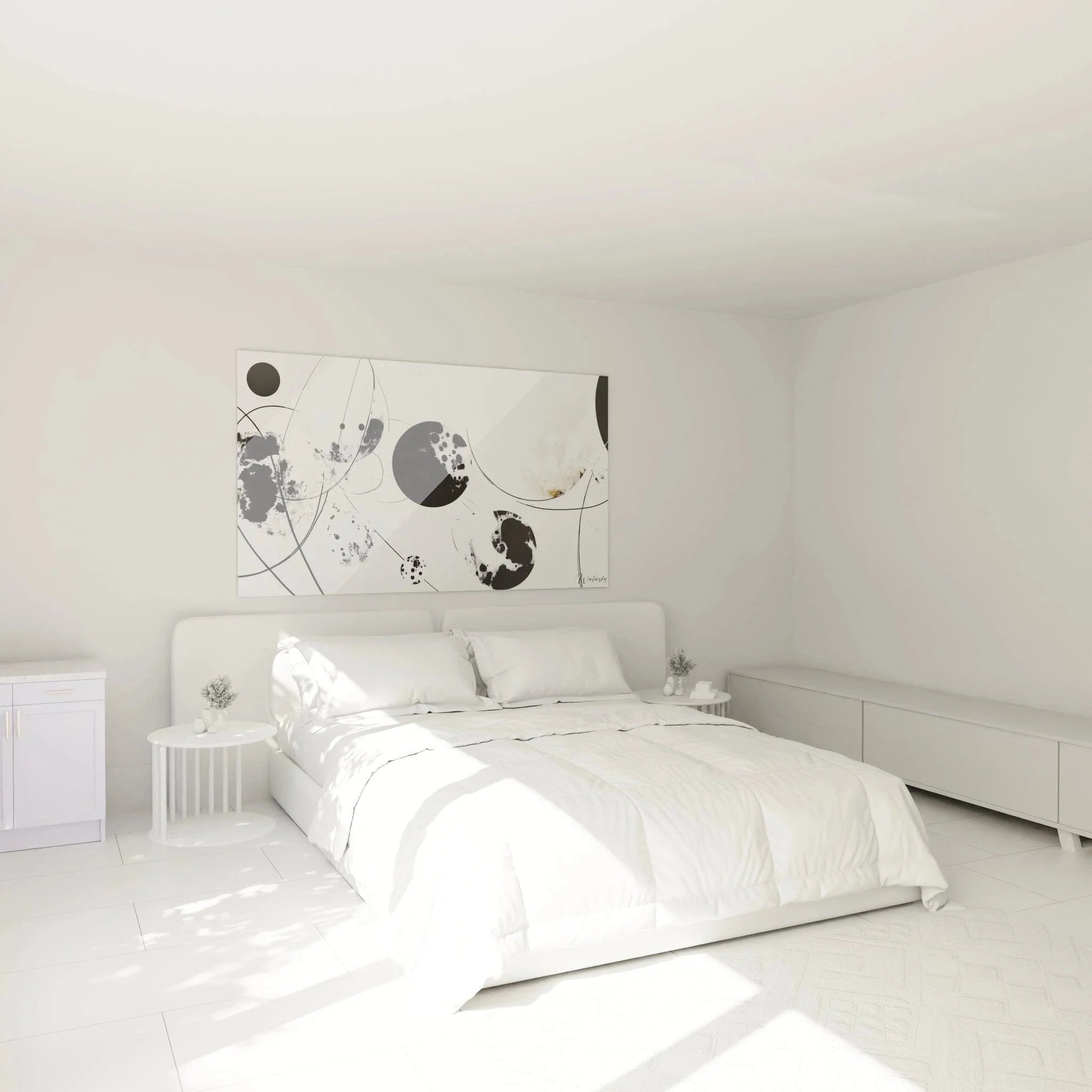 Abstrakte schwarz-weiße Wanddekoration mit gepunkteten Kreisen in modernem Schlafzimmer