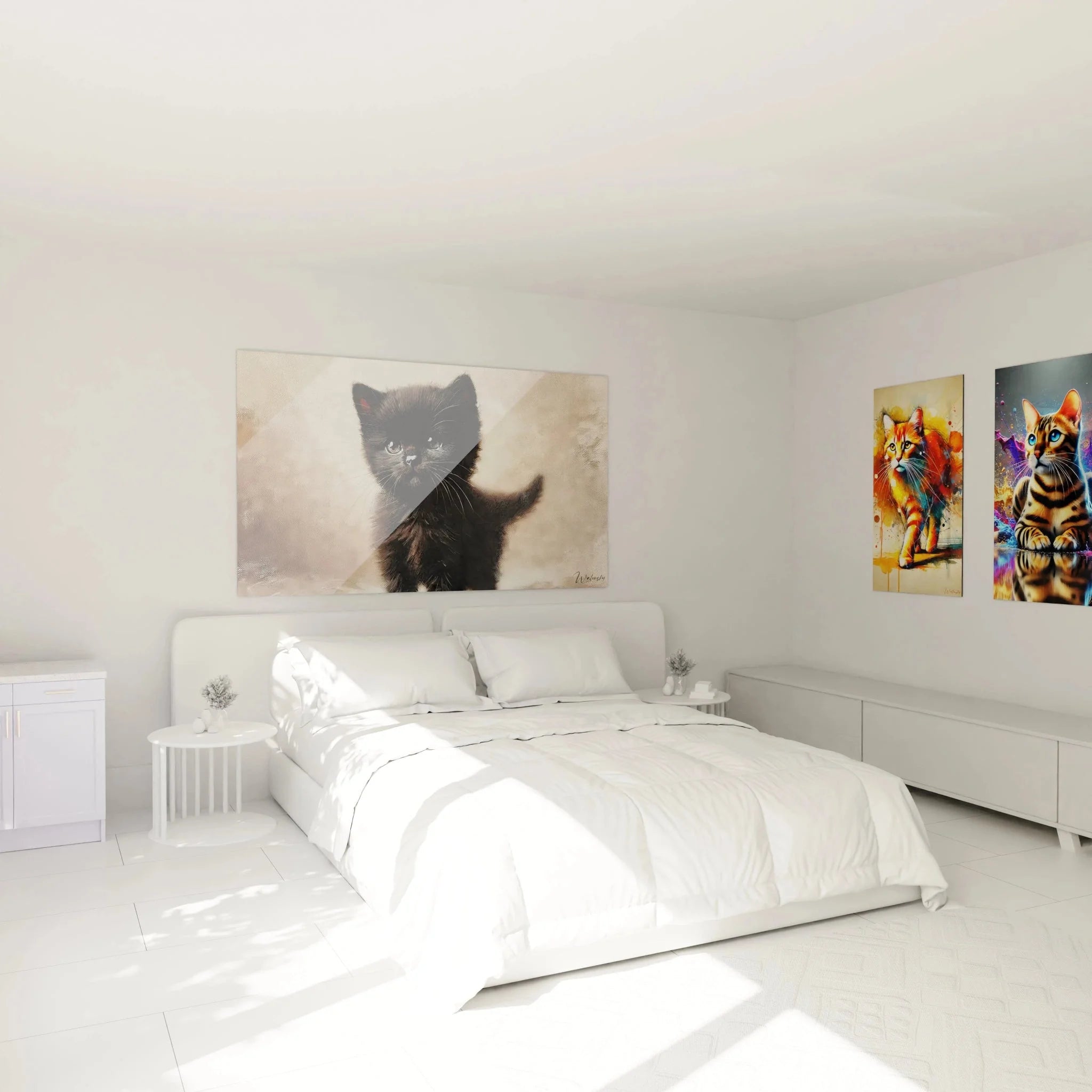 Schwarzes Kätzchen Wandbild im Schlafzimmer - moderne Katzenkunst als Wanddekoration