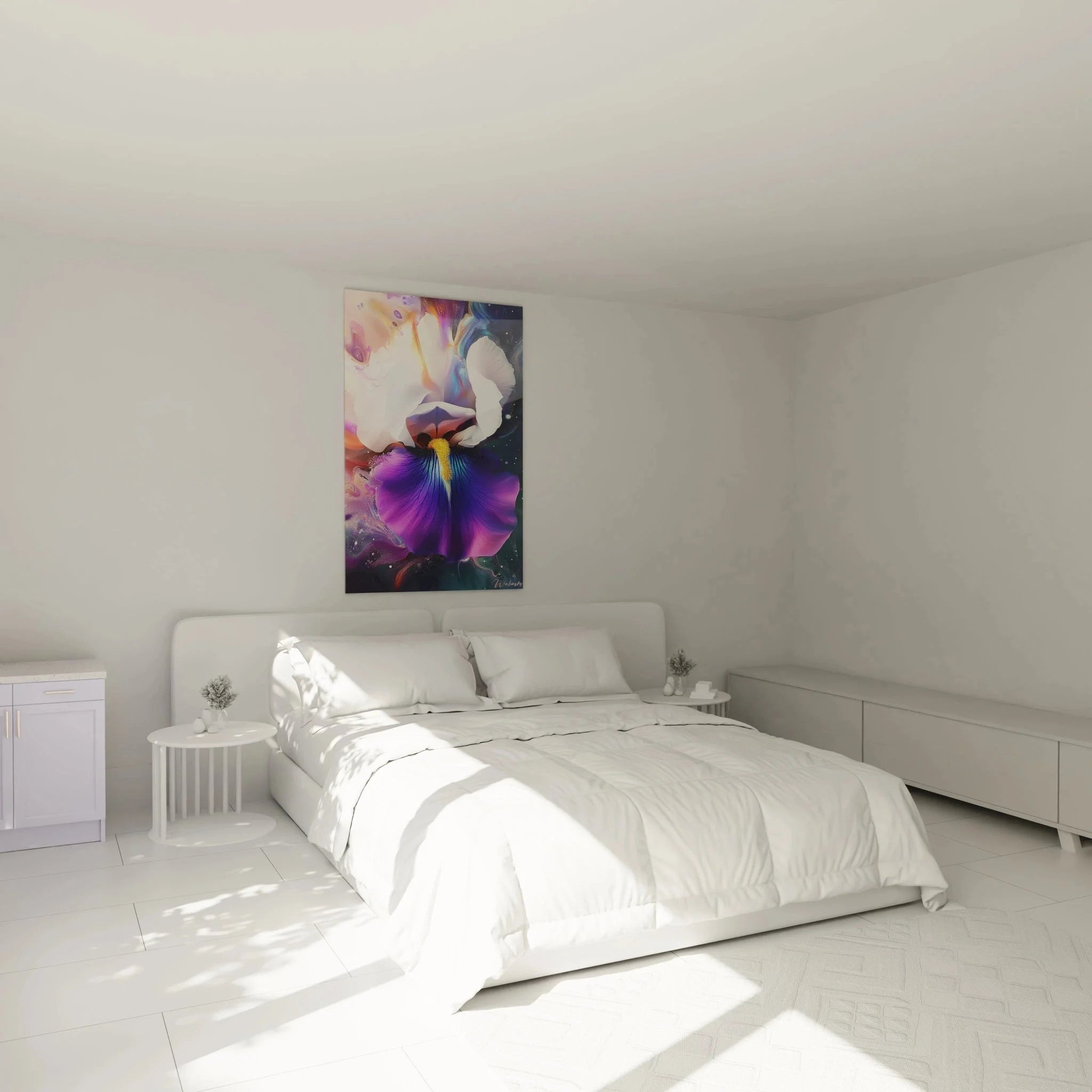 Schwertlilie Wandbild in Schlafzimmer Ambiente - Premium Wanddekoration mit Iris Blütenmotiv