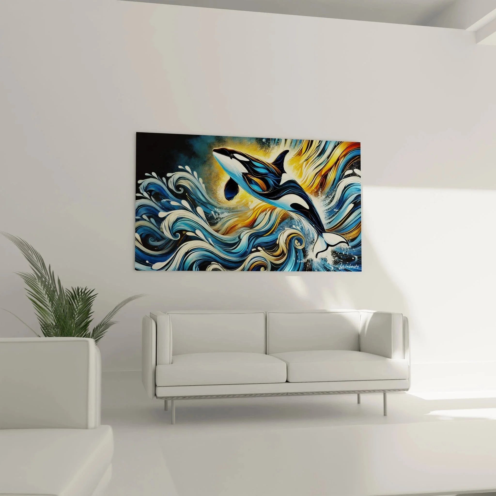 Detailansicht Schwertwal Wandbild mit spiralförmigen Wasserwellen in Blau-Gold Farbgebung