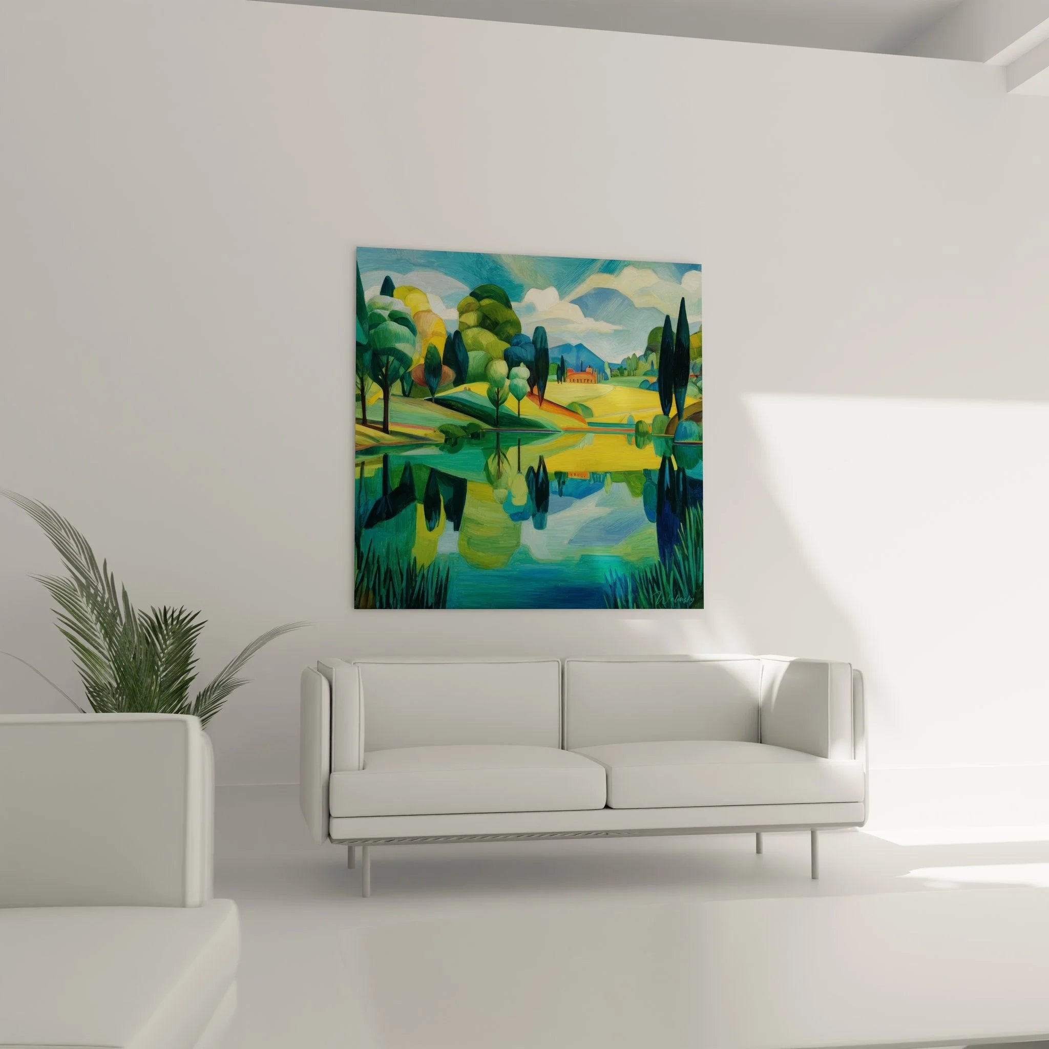 Detailansicht Wandbild See mit Spiegelung, kunstvolle Pinselstriche und lebendige Farbgebung sichtbar