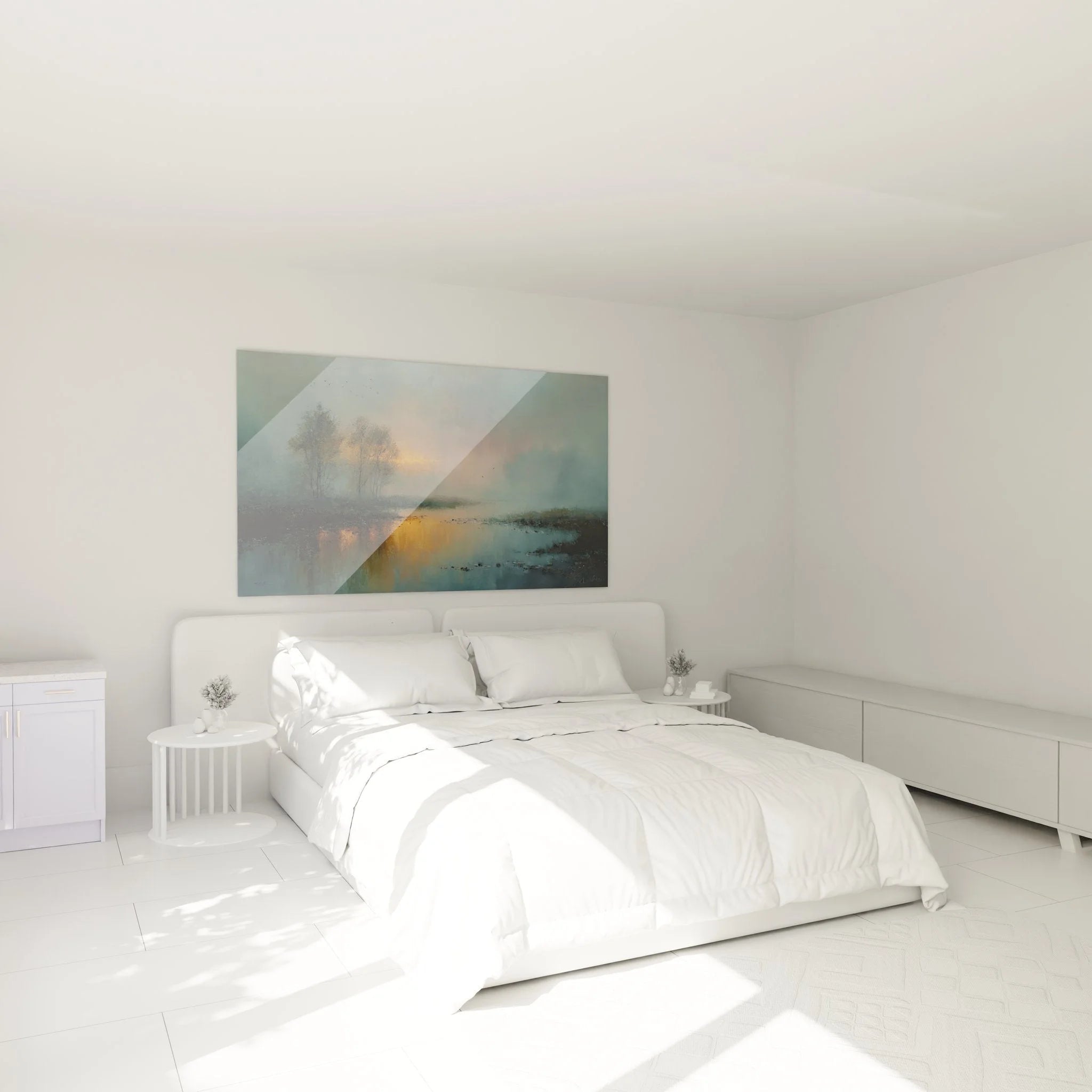 Seelandschaft Wandbild XXL im Schlafzimmer, nebliger Sonnenaufgang schafft beruhigende Raumatmosphäre