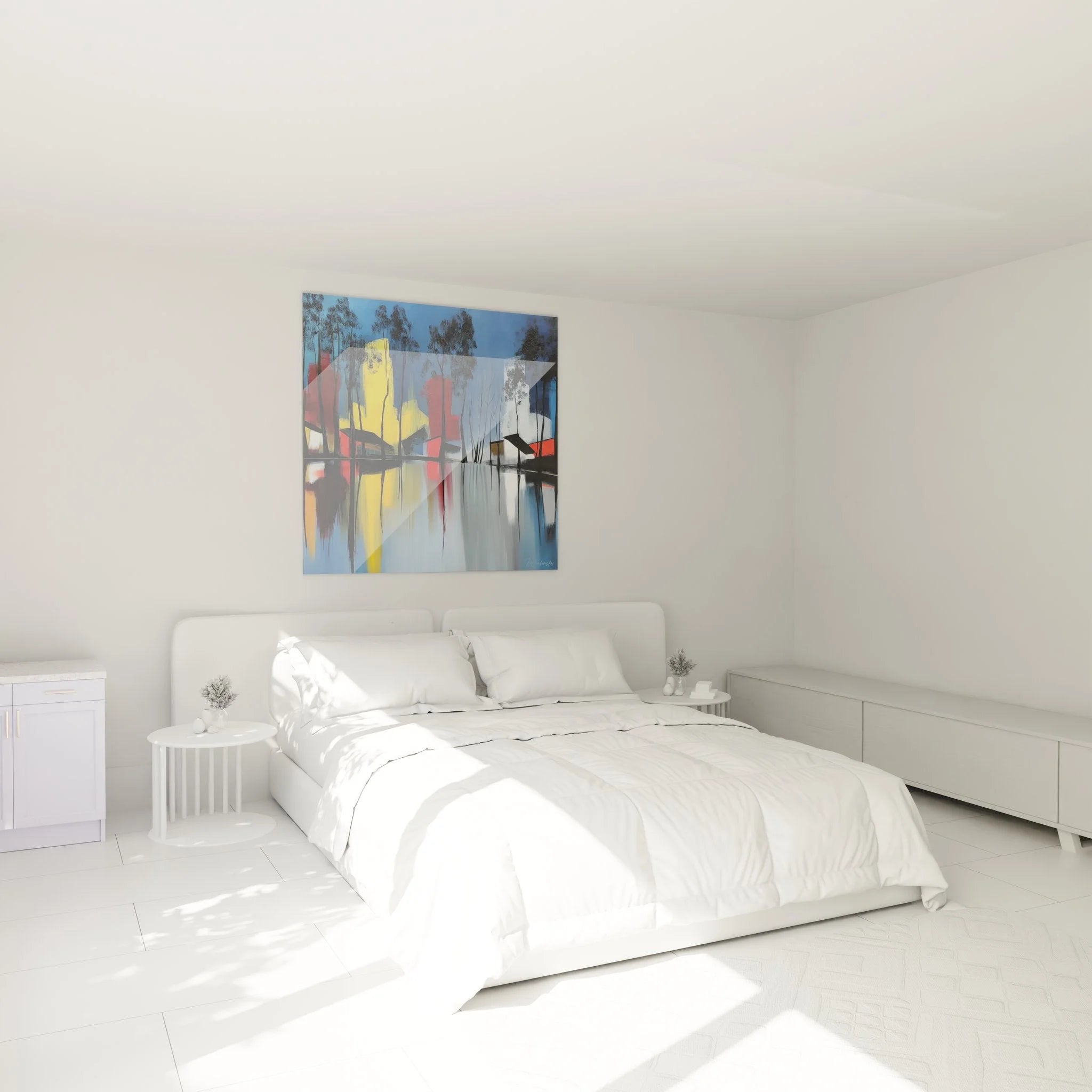 Moderne Seelandschaft Wanddekoration über dem Bett in zeitgenössischem Schlafzimmer