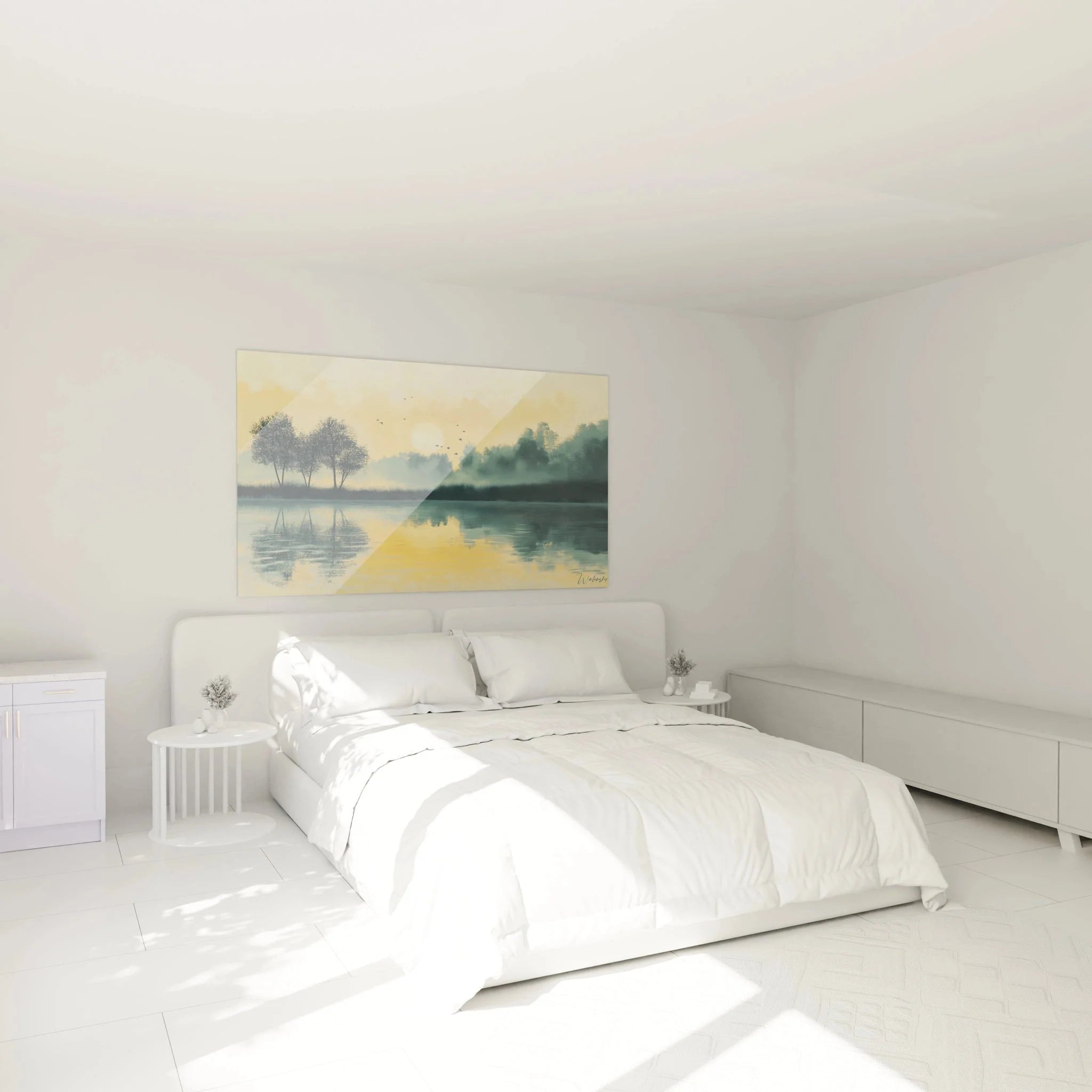 Seenlandschaft Wandbild im Schlafzimmer, romantische Naturszene mit warmem Sonnenuntergangslicht