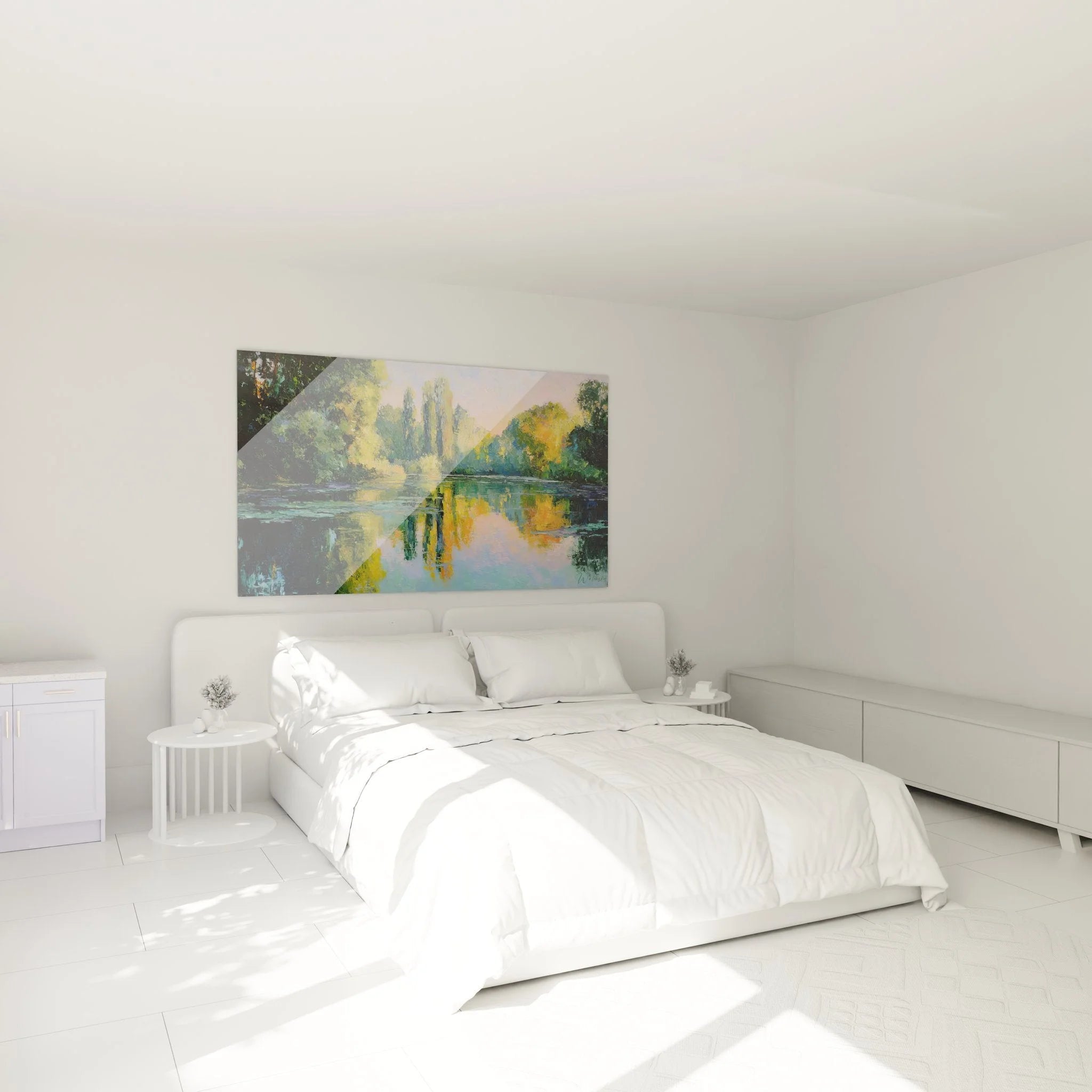 See Wandbild mit Wasserspiegelungen als beruhigende Schlafzimmer Wanddekoration im XXL Format