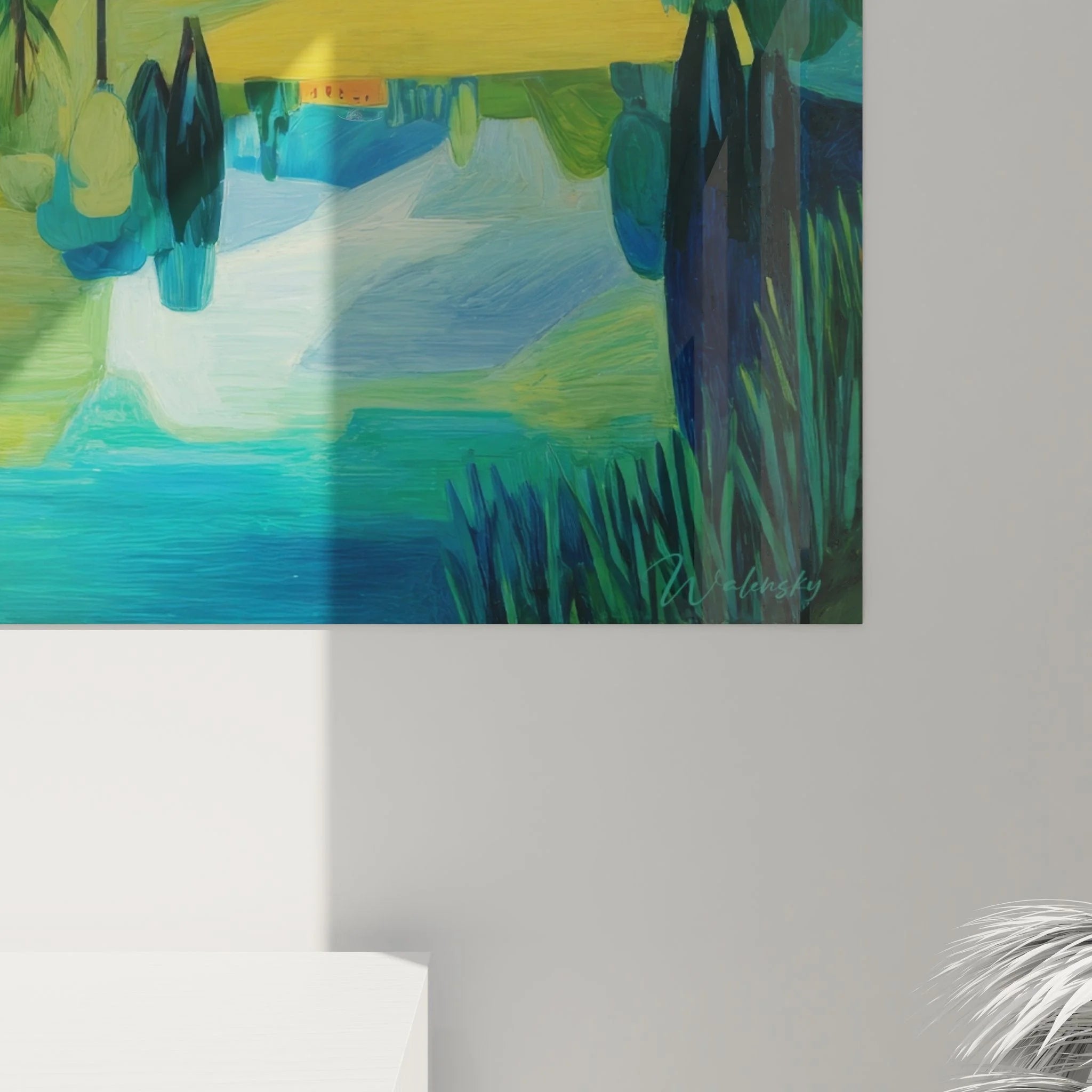 Gesamtansicht Seelandschaft Wandbild XXL, harmonische Naturdarstellung mit See und Baumreflexionen