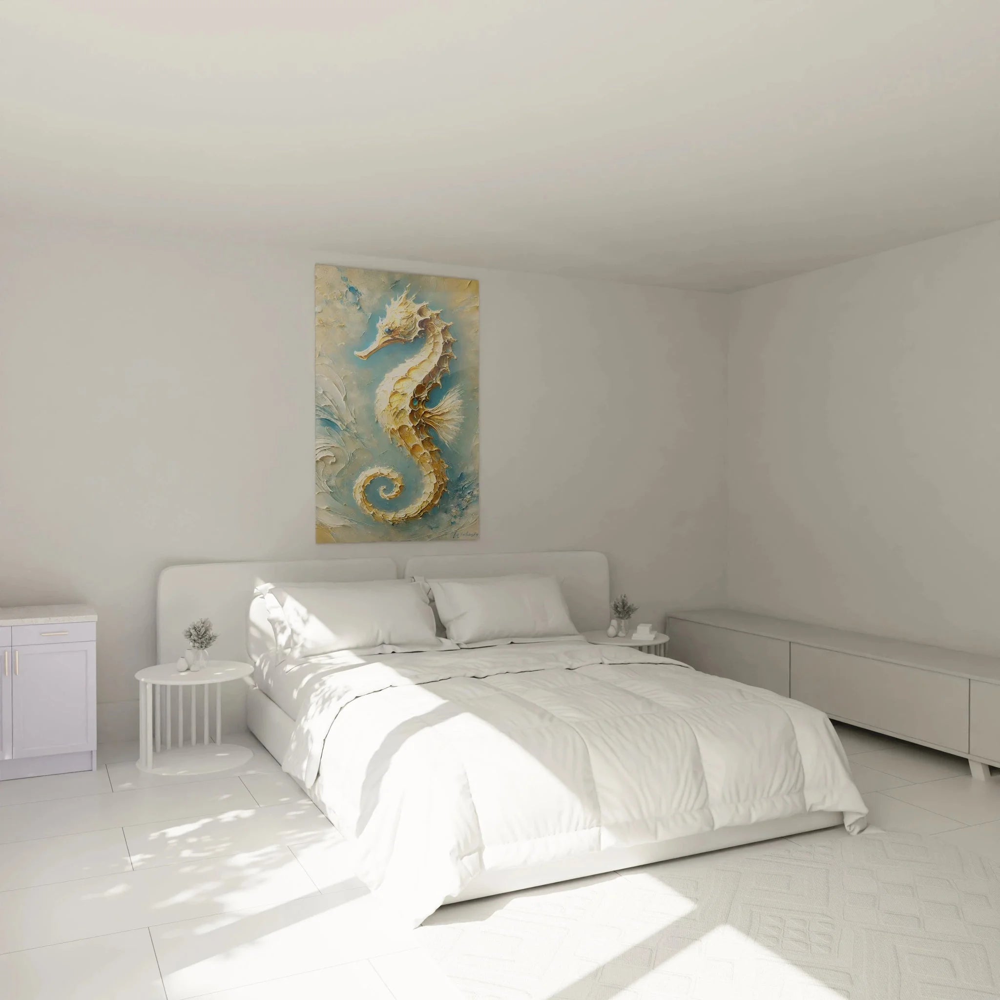 Seepferdchen Wandbild XXL in Schlafzimmer Ambiente - maritime Wanddekoration für Wohnräume