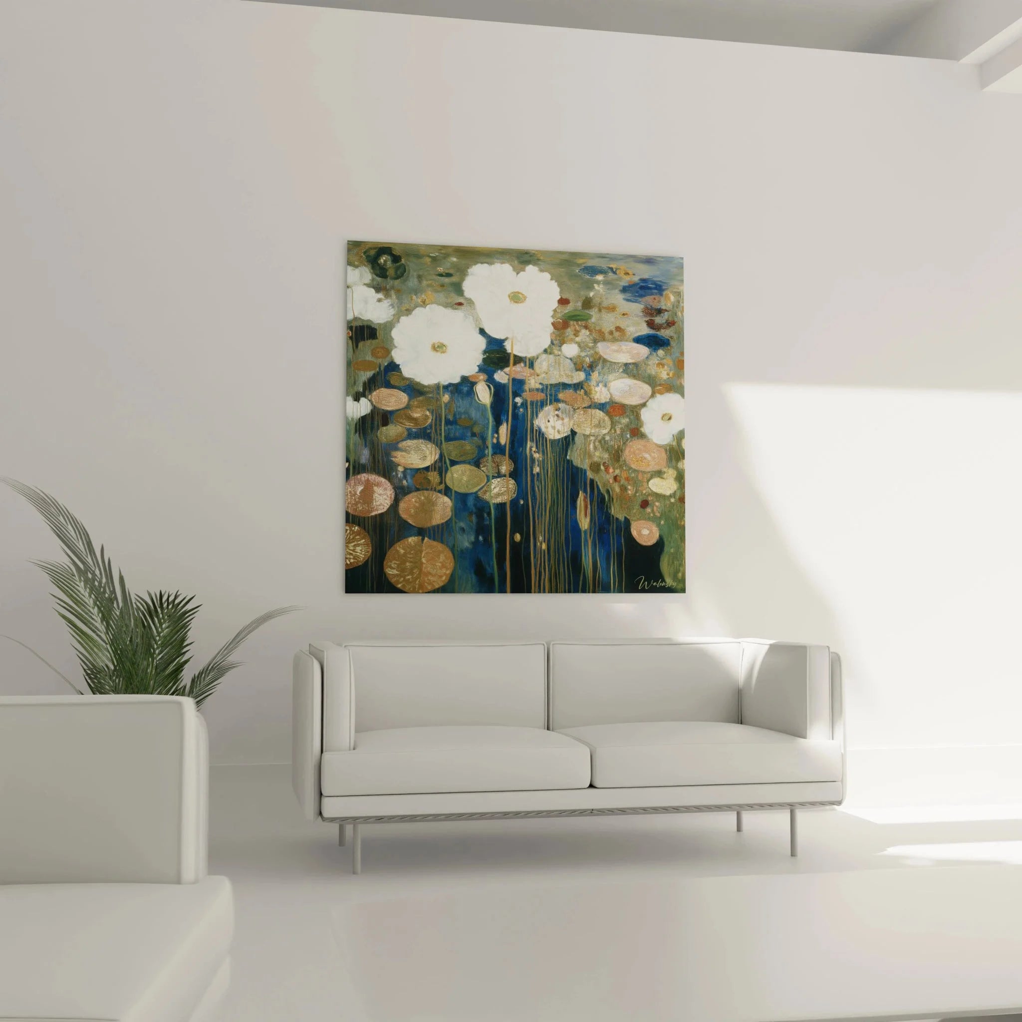 Nahaufnahme des Seerosen Wandbildes zeigt Details der weißen Blüten und strukturierten Seerosenblätter