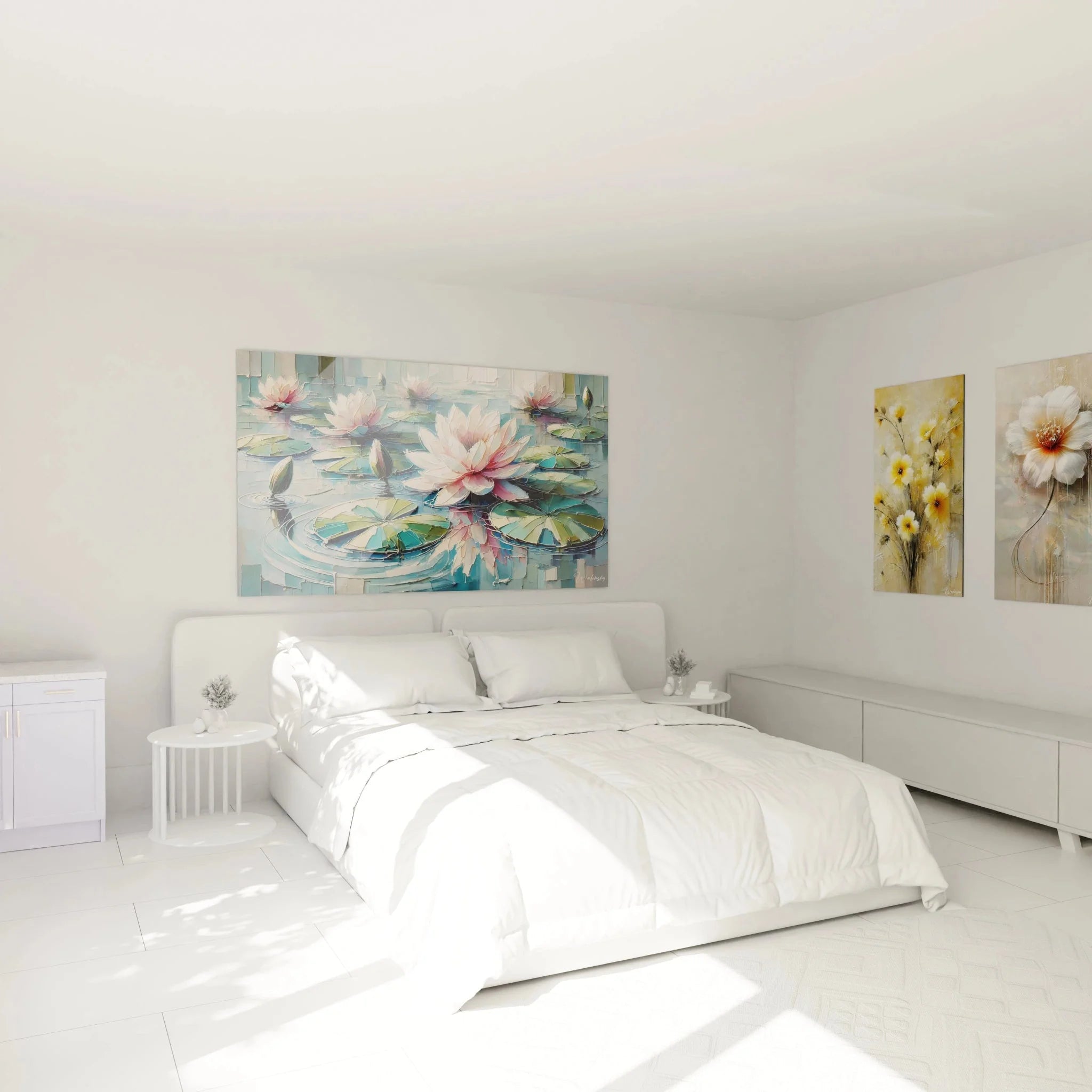 Seerosen Wandbild in Schlafzimmer Ambiente mit rosa Blüten und grünen Blättern