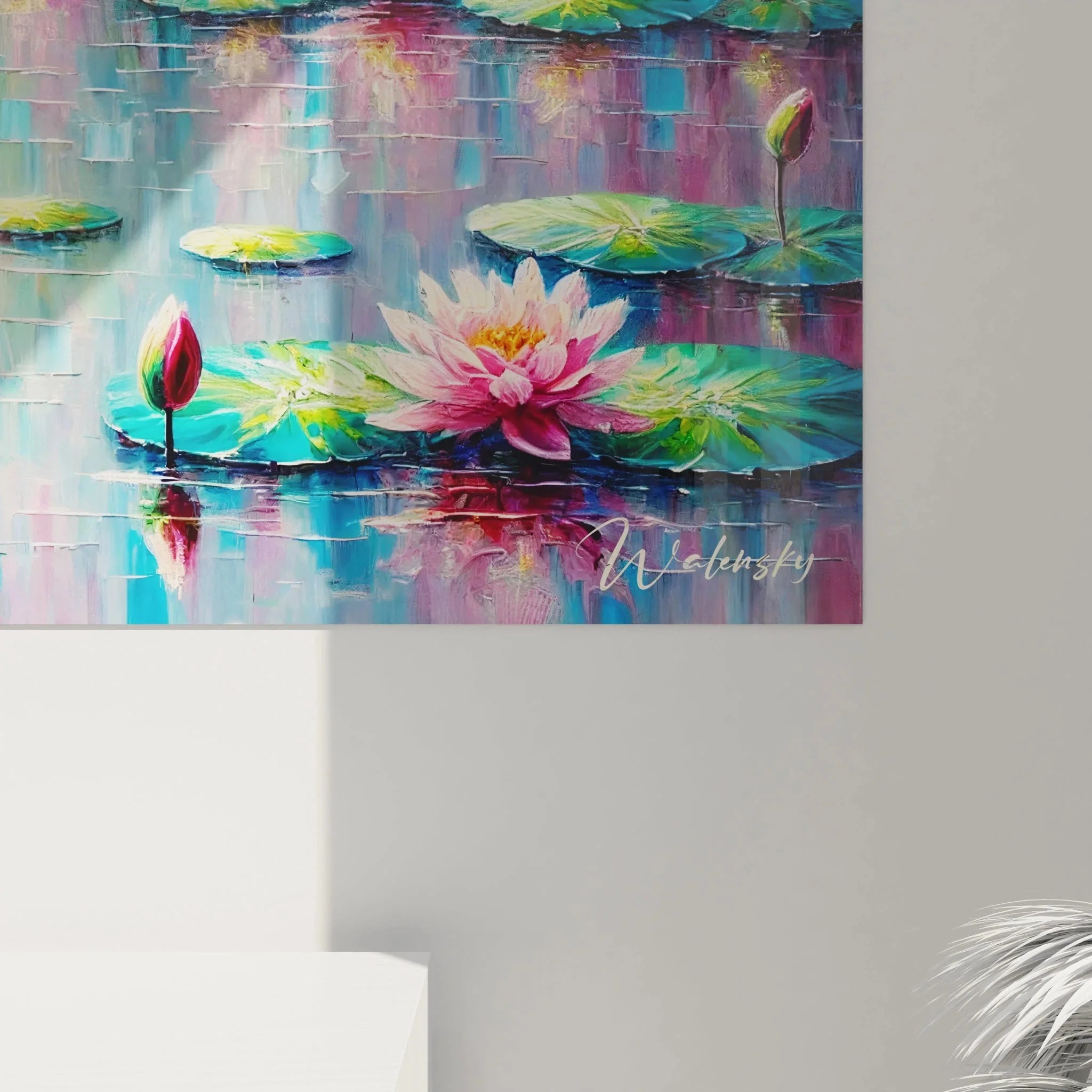 Gesamtansicht Seerosen Wandbild XXL - Komplette Wasserlandschaft mit Trauerweide und Wasserlilien