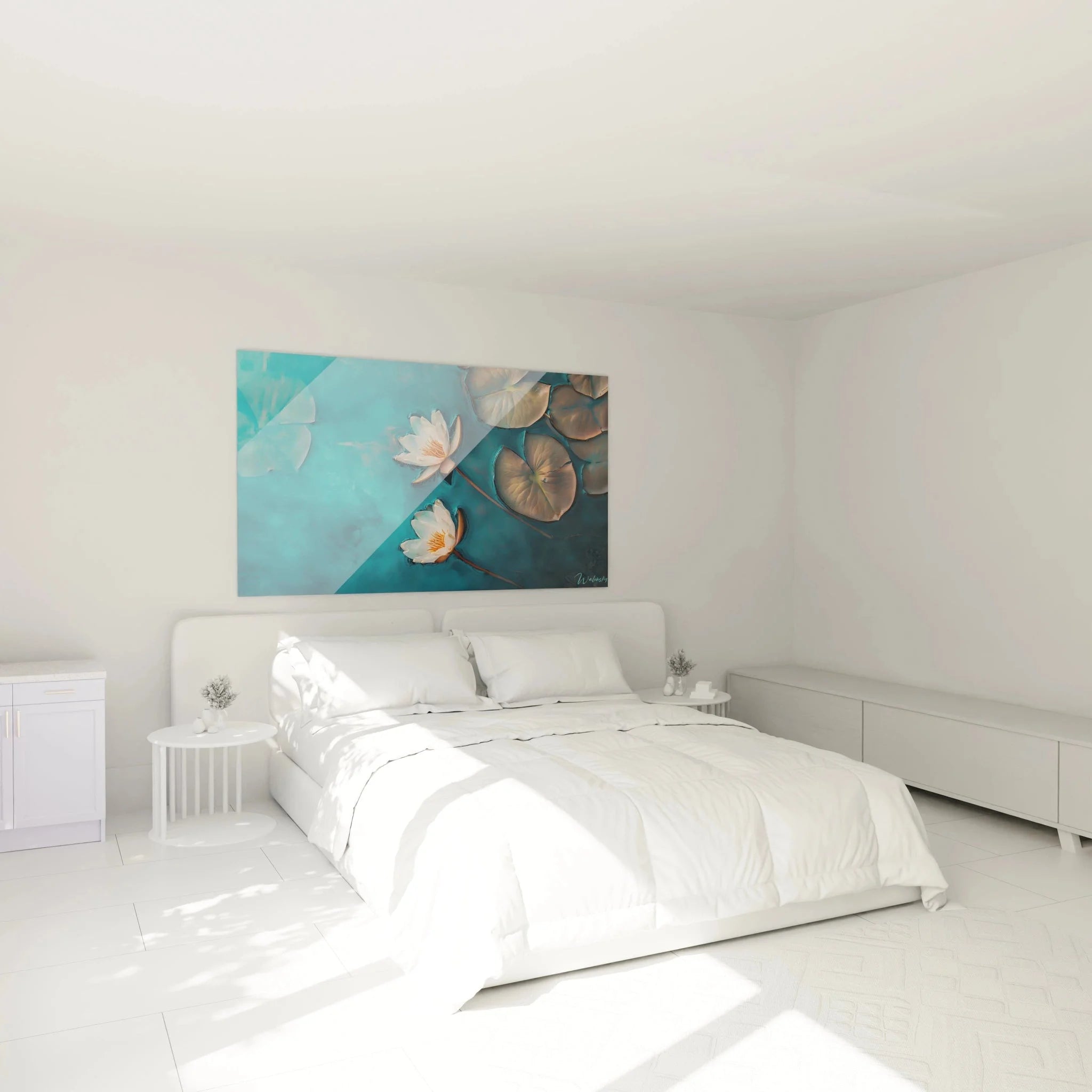 Seerosen Wandbild XXL in modernem Schlafzimmer mit aquatischer Harmonie Dekoration