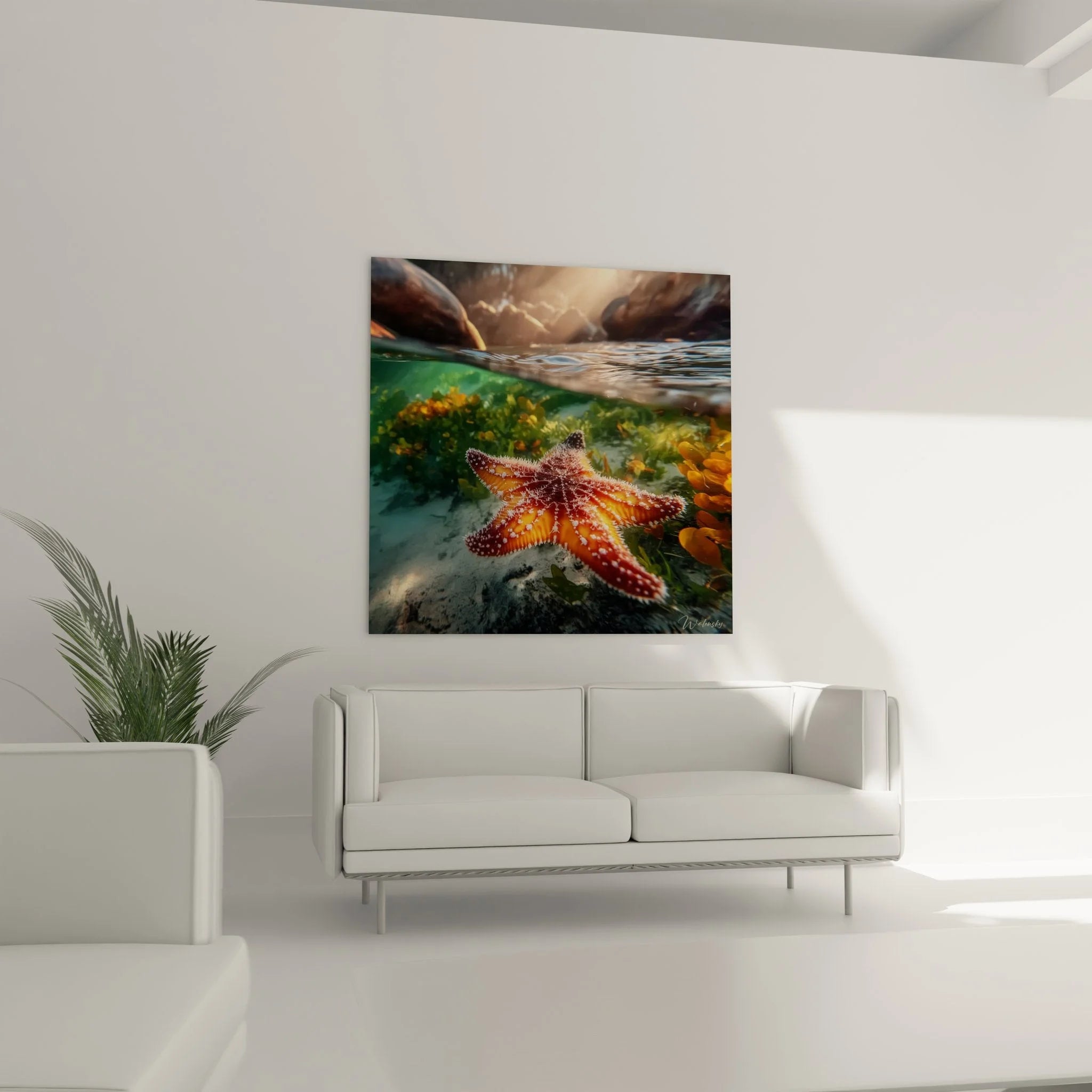 Detailansicht Wandbild Seestern mit charakteristischen weißen Punkten auf Meeresgrund