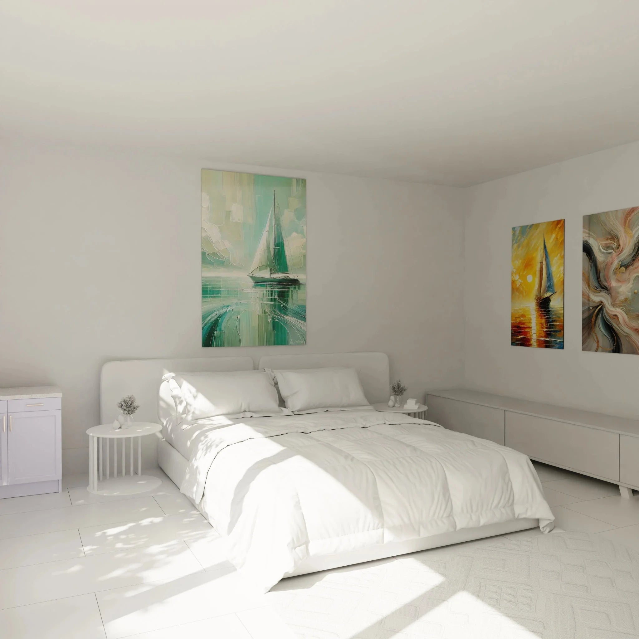 Segelboot Wandbild in Schlafzimmer Ambiente, maritime Dekoration in Grüntönen