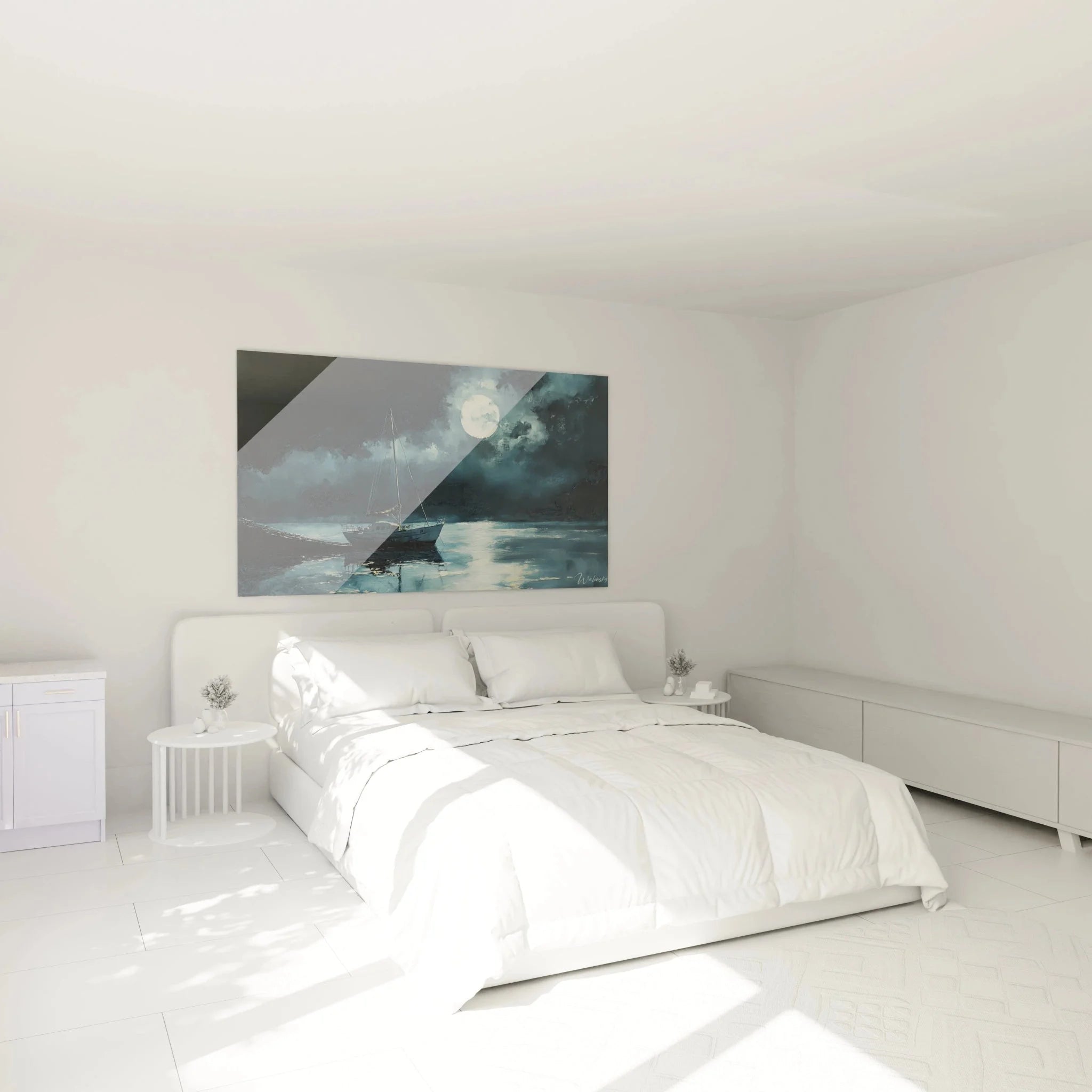 Segelboot Wandbild im Schlafzimmer - Beruhigende maritime Dekoration mit Mondschein über dem Hafen