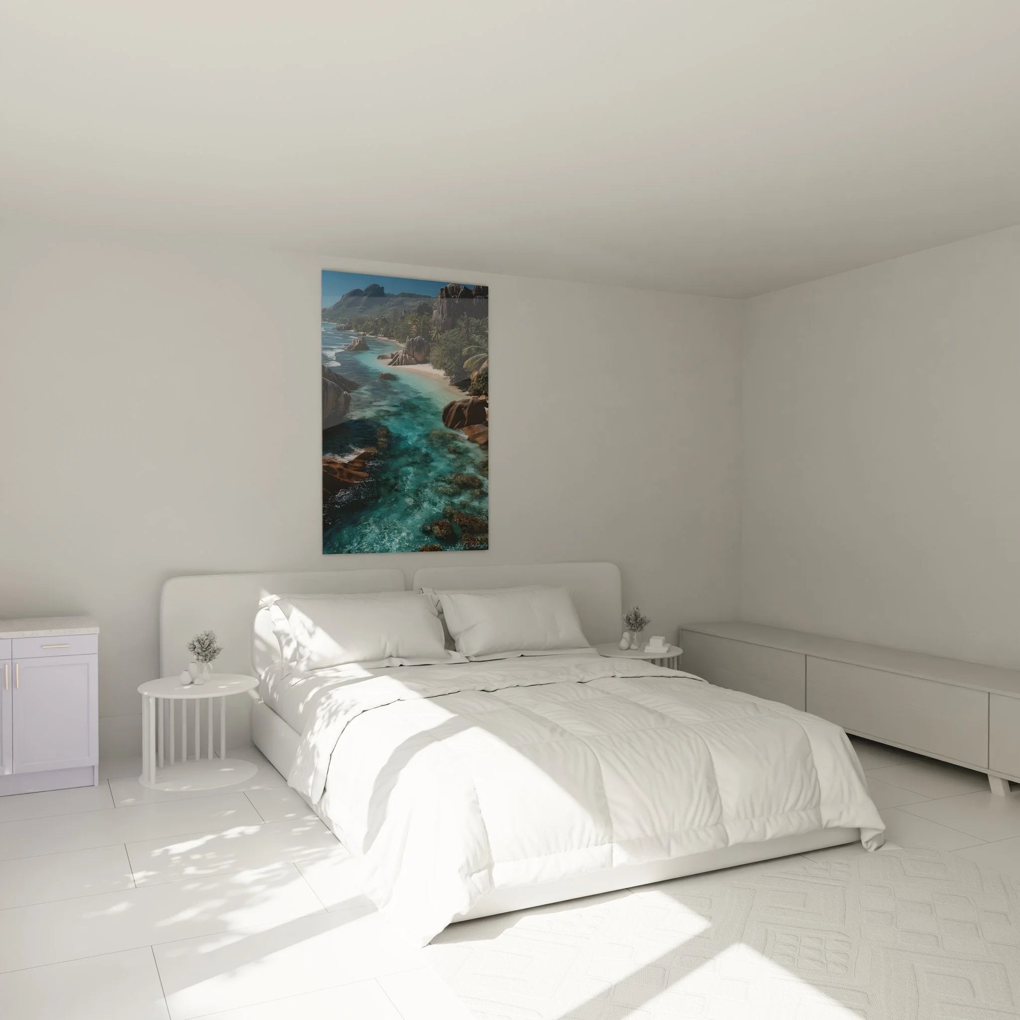 Seychellen Wandbild XXL im Schlafzimmer - tropische Strandlandschaft mit Granitfelsen und Palmen