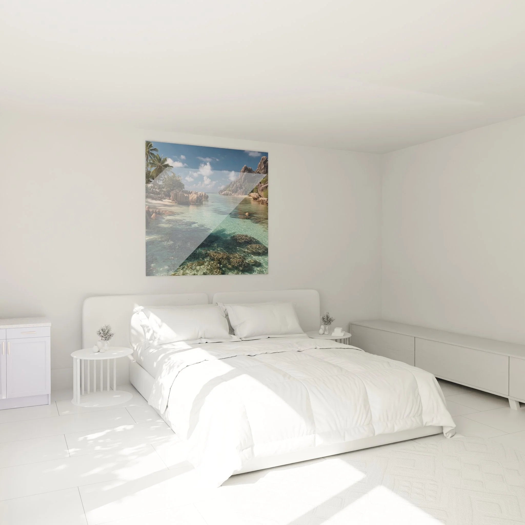 Seychellen Wanddeko im Schlafzimmer - Tropenstrand Wandbild XXL über dem Bett