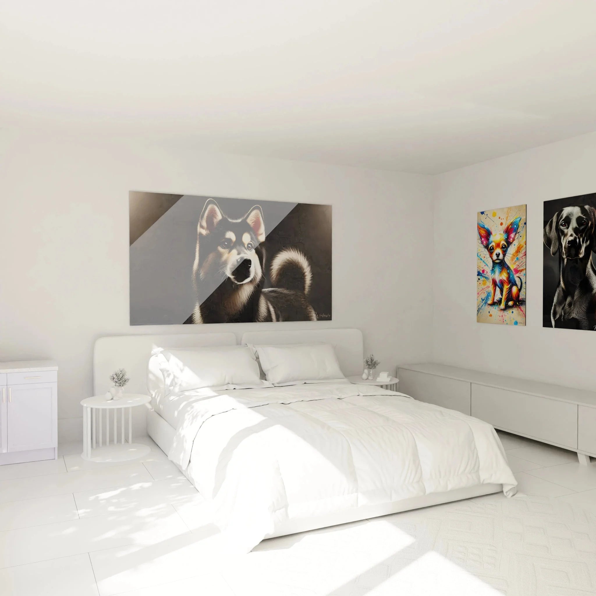 Shiba Inu Wandbild in elegantem Schlafzimmer - moderne Hundedekoration für Zuhause