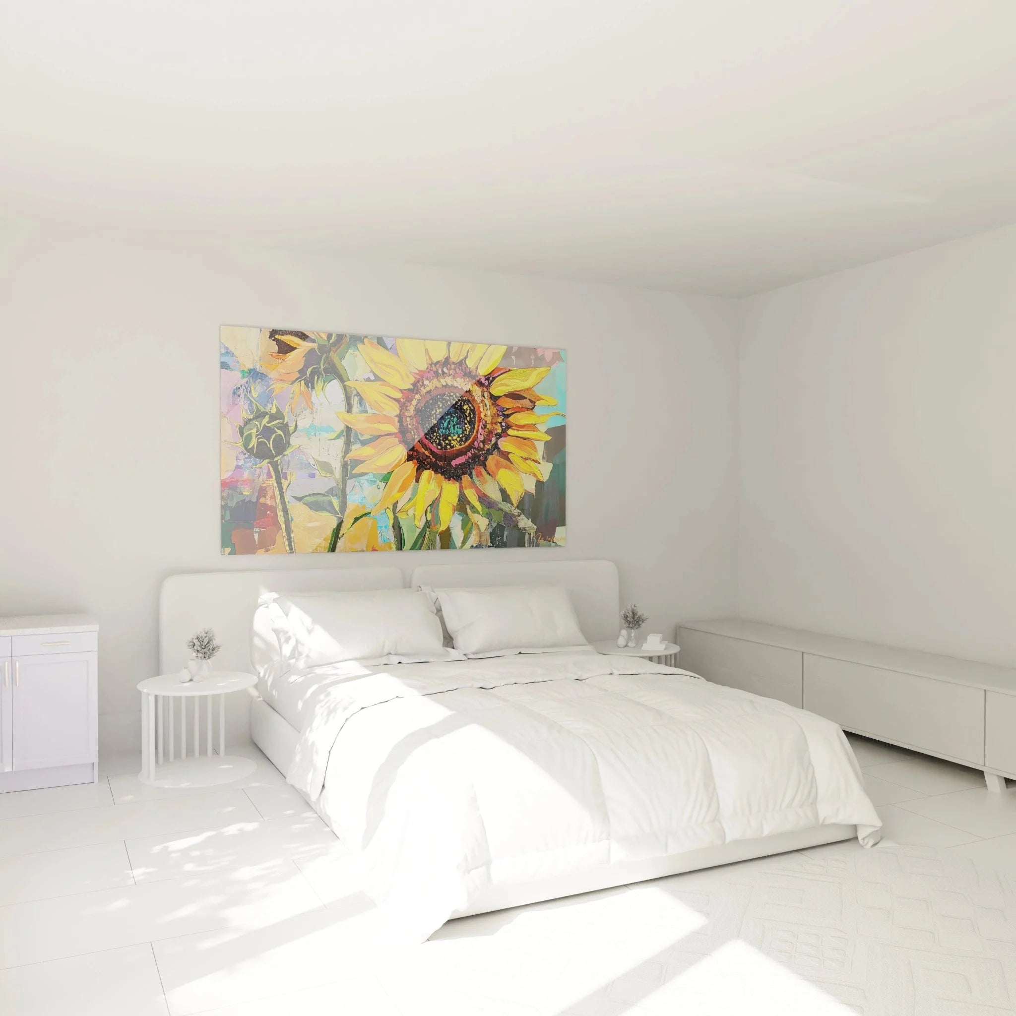 Wandbild Sonnenblume abstrakt als stilvolle Schlafzimmer Wanddekoration mit warmen Farben