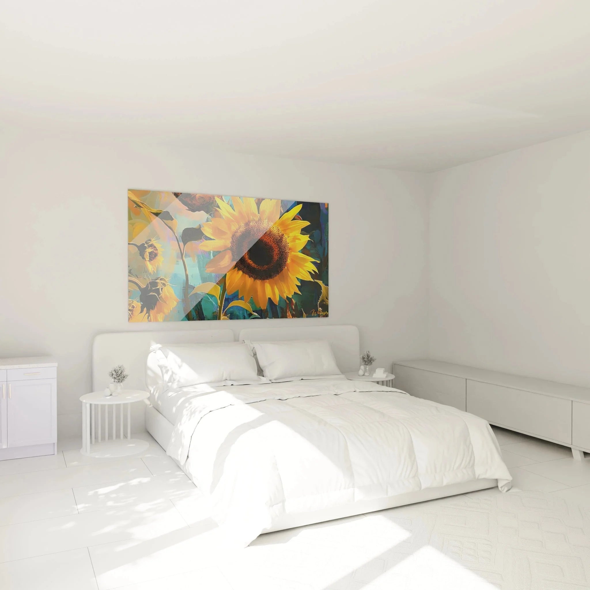 Sonnenblume Wandbild im Schlafzimmer als moderne Wanddekoration mit warmen Gelbtönen