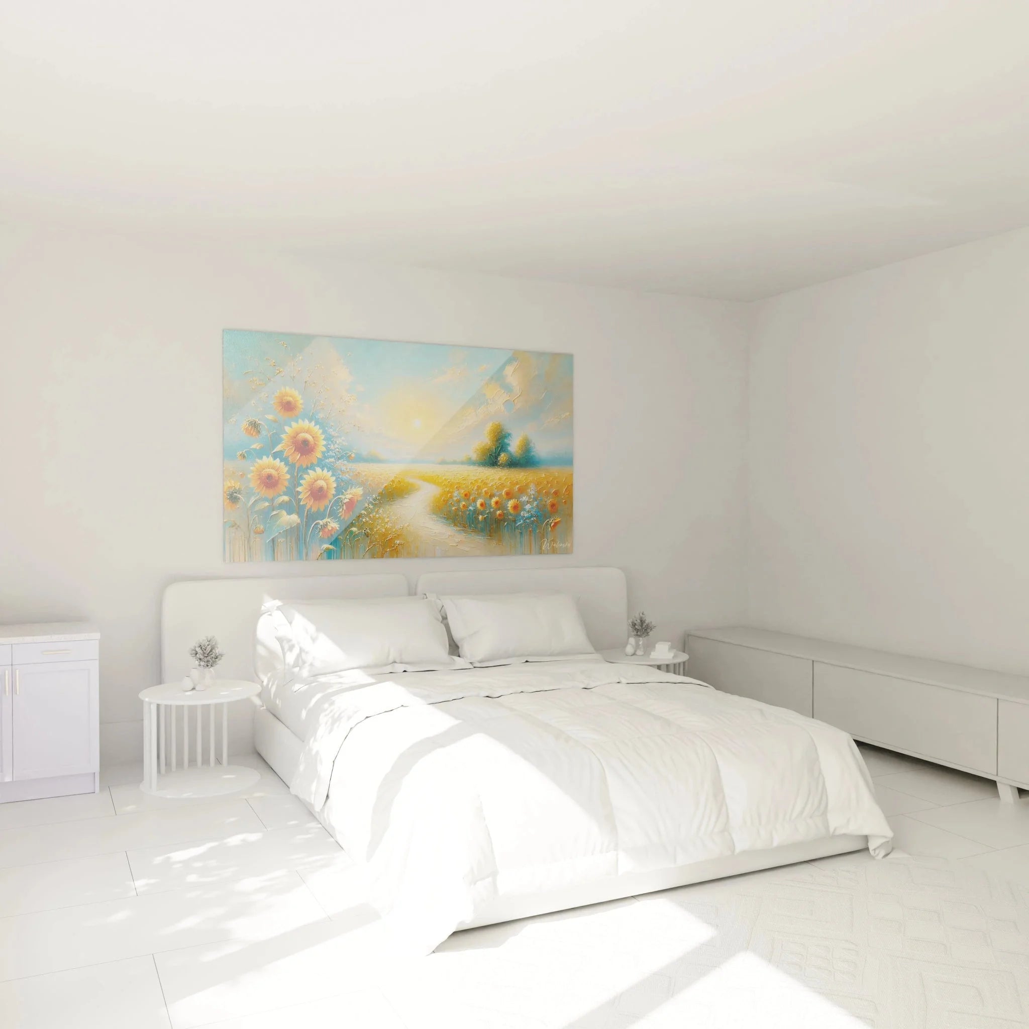 Sonnenblumen Wandbild im Schlafzimmer, goldene Landschaft über dem Bett, warme Wanddekoration