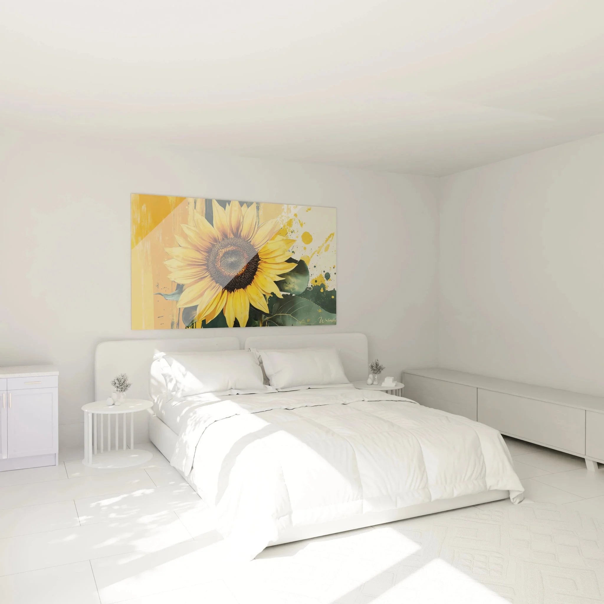 Sonnenblumen Wandbild in modernem Schlafzimmer als stilvolle Wanddekoration über dem Bett