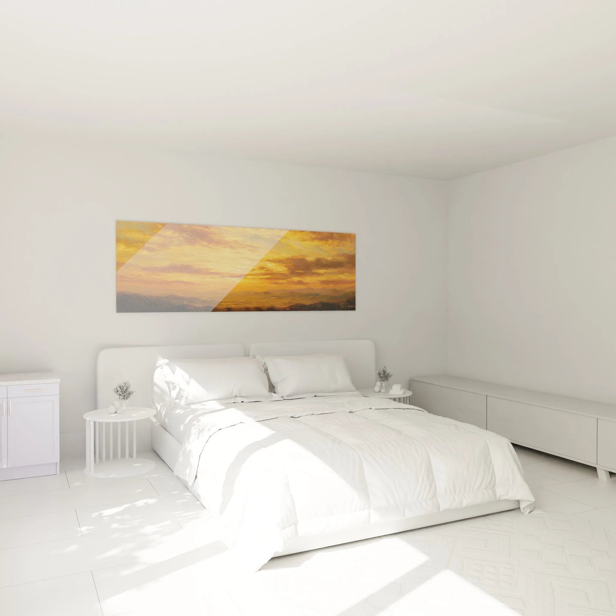 Sonnenuntergang Wandbild XXL in modernem Schlafzimmer mit warmem Abendhimmel Panorama an der Wand