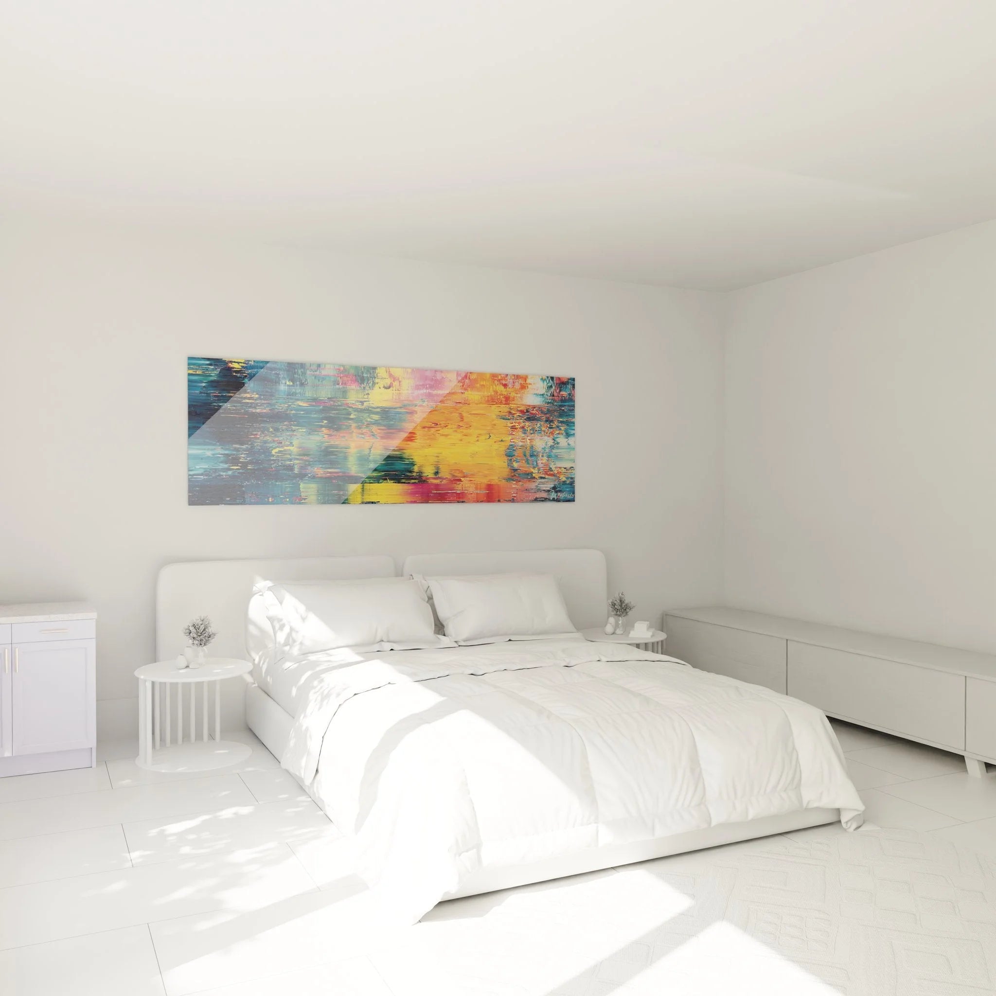 Abstraktes Spachteltechnik Wandbild mit Farbverläufen in moderner Schlafzimmer Atmosphäre