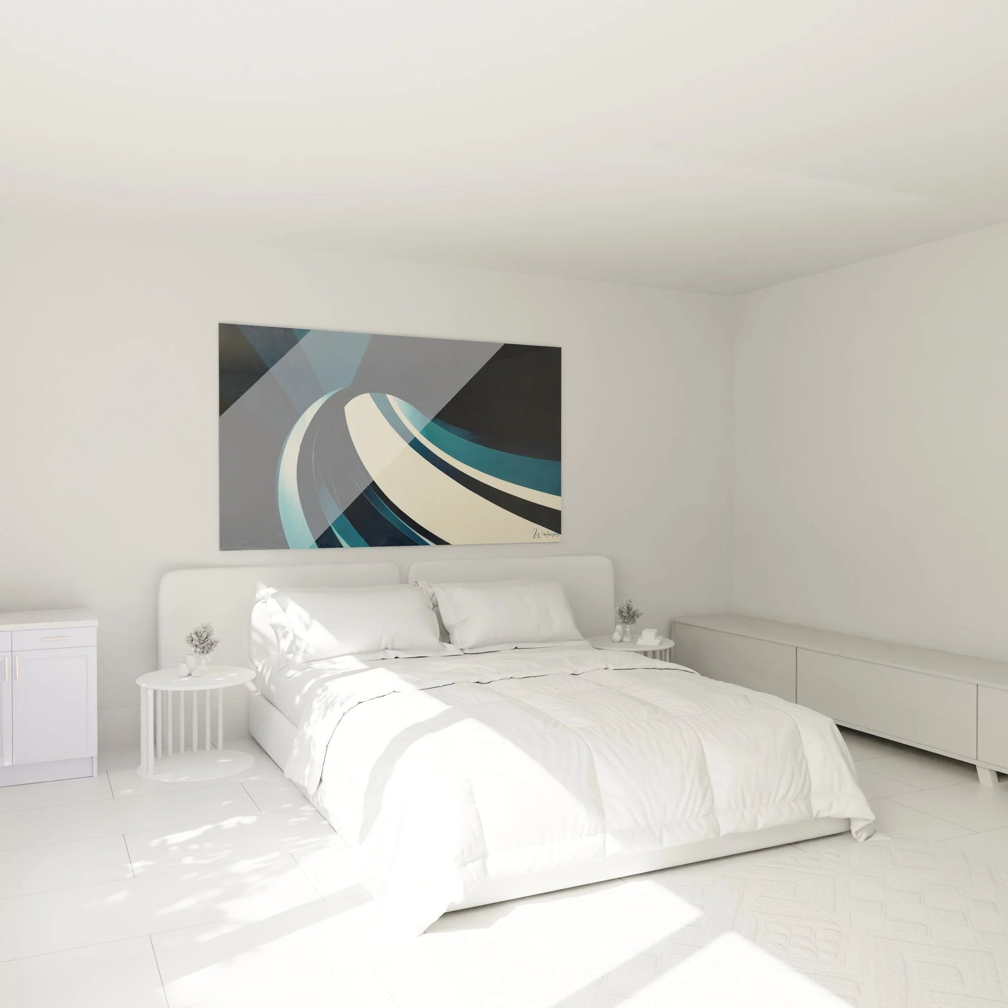 Abstrakte Spiralen Wandkunst in Schlafzimmer Ambiente mit eleganter Blau-Türkis Farbpalette