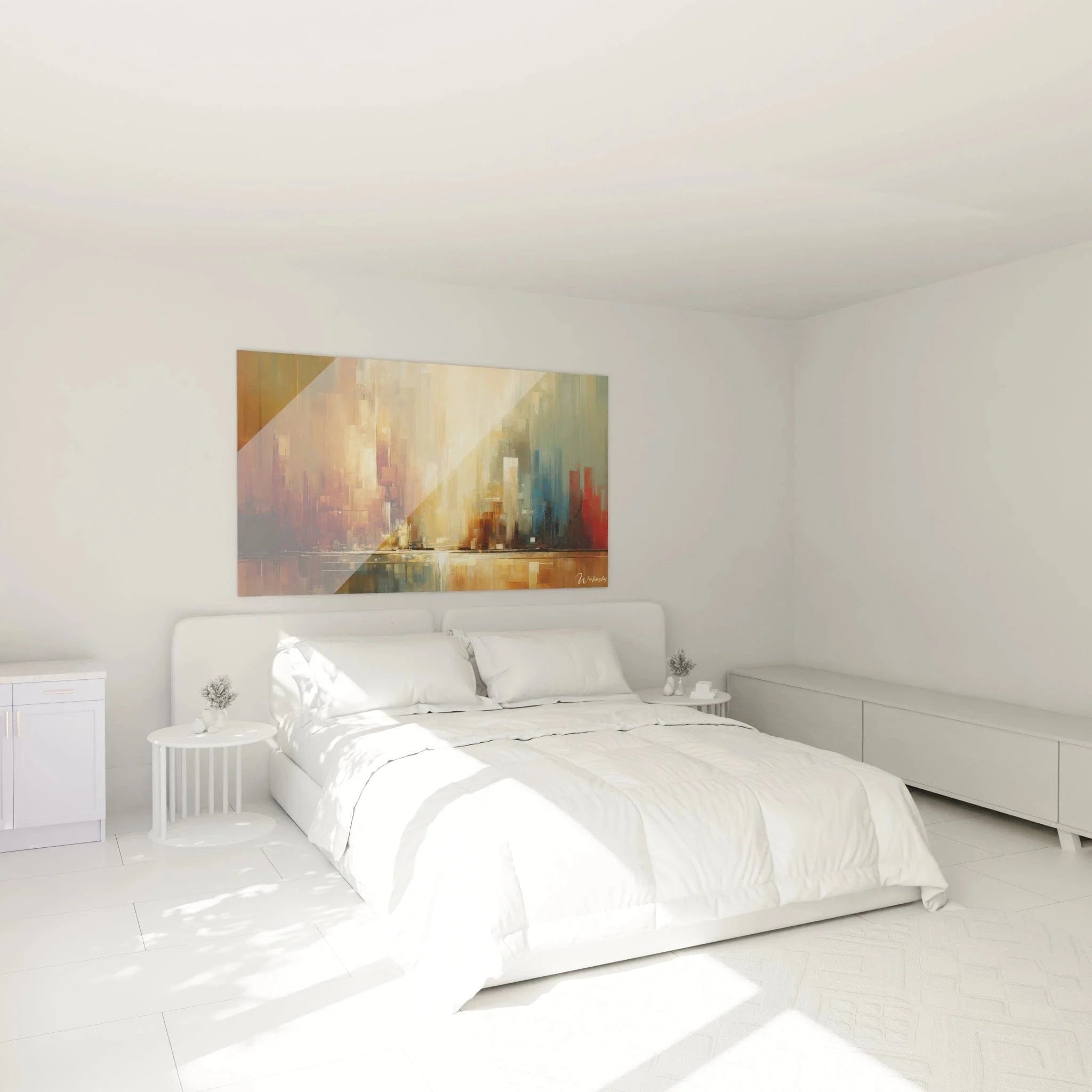 Expressionistische Stadtlandschaft Wandbild in Schlafzimmer Ambiente mit warmen Goldtönen und Braun