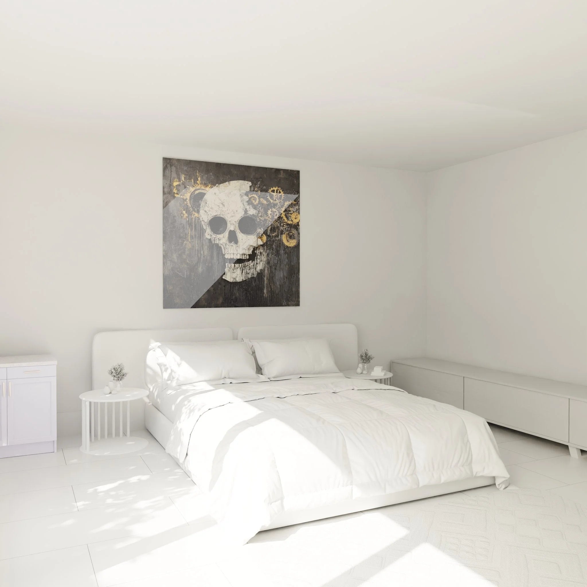 Steampunk Totenkopf Wandbild als stilvolle Dekoration im modernen Schlafzimmer mit Industrial-Design