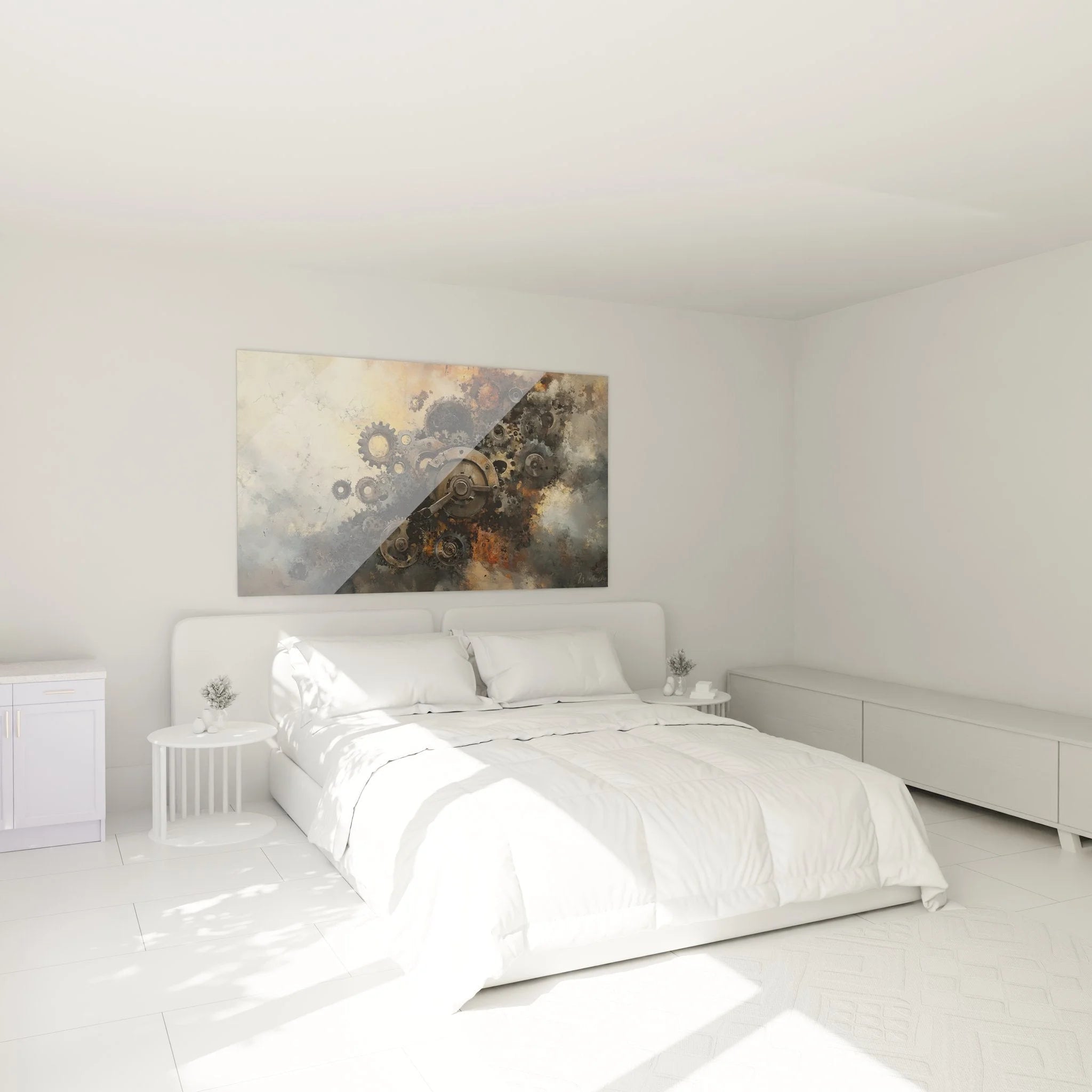 Wandbild Steampunk Zahnräder als Schlafzimmer Dekoration mit industriellem Charme und warmen Farbtönen