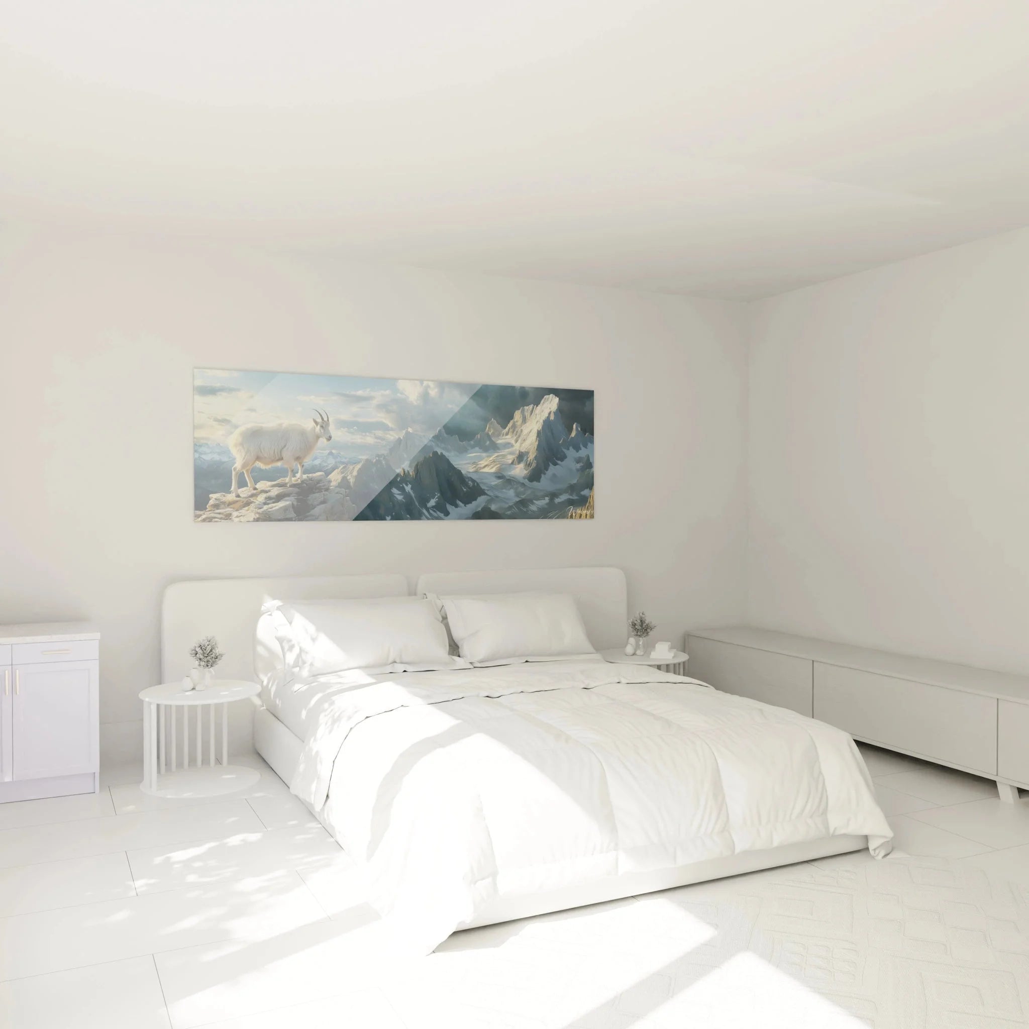 Steinbock Wandbild XXL in modernem Schlafzimmer, alpine Berglandschaft als stimmungsvolle Wanddekoration