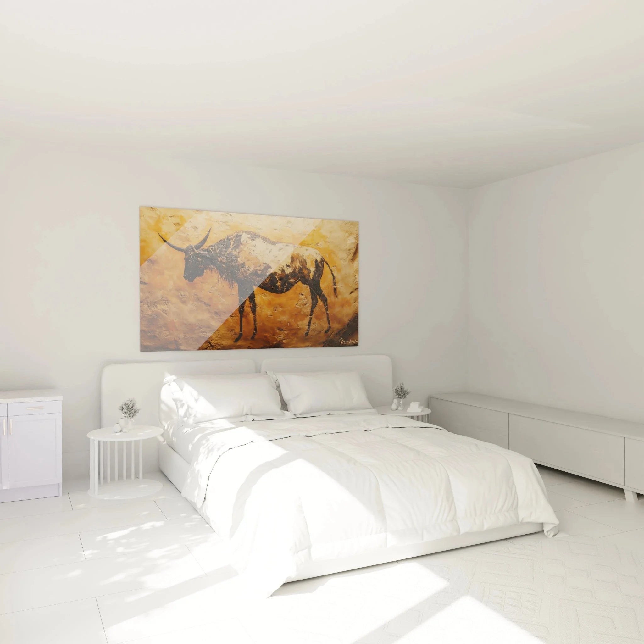 Höhlenmalerei Wandbild Stier im Schlafzimmer, steinzeitliche Wanddekoration in natürlichen Farben