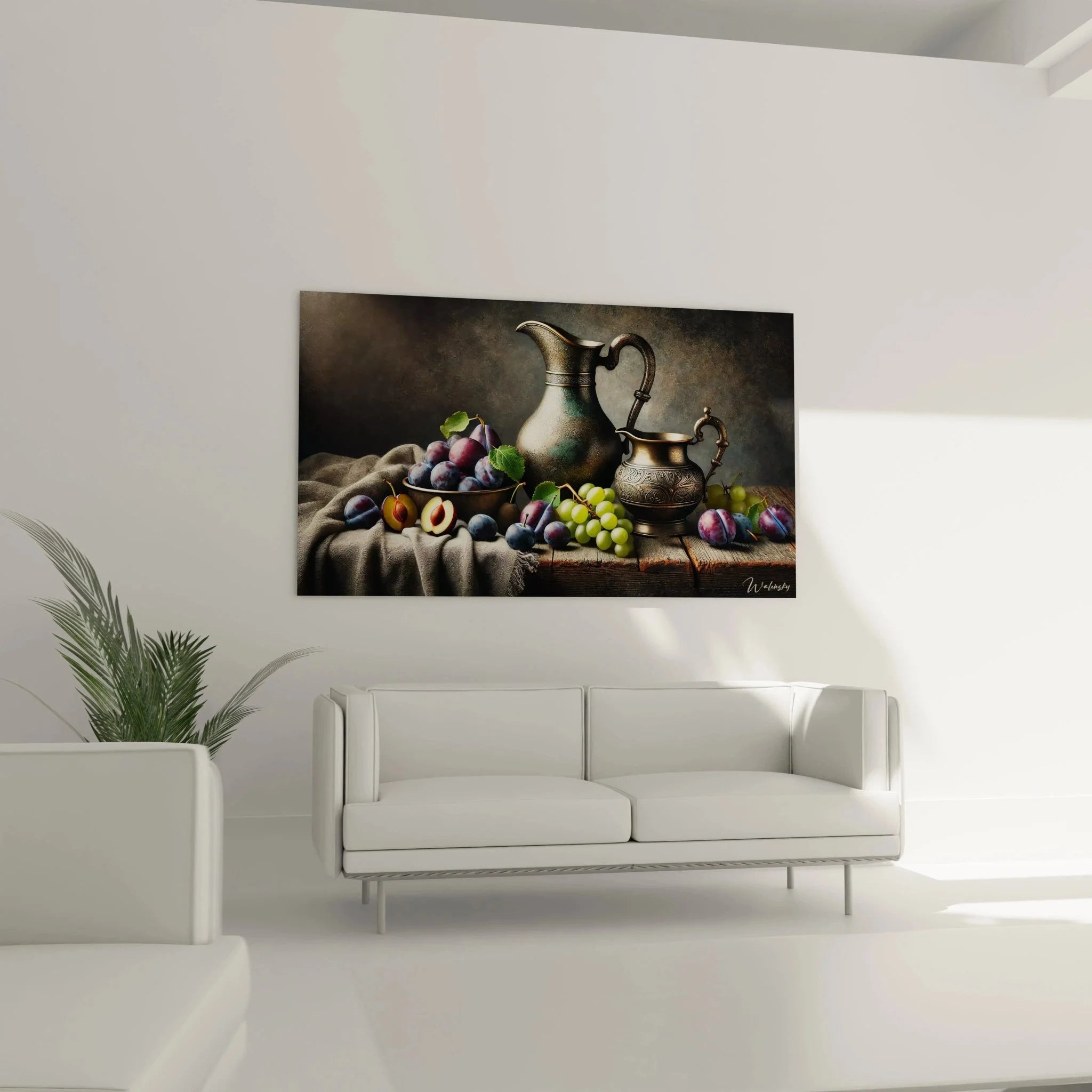 Nahaufnahme Stillleben Details - Metallkrug Patina und saftige Früchte Textur in Kunstqualität