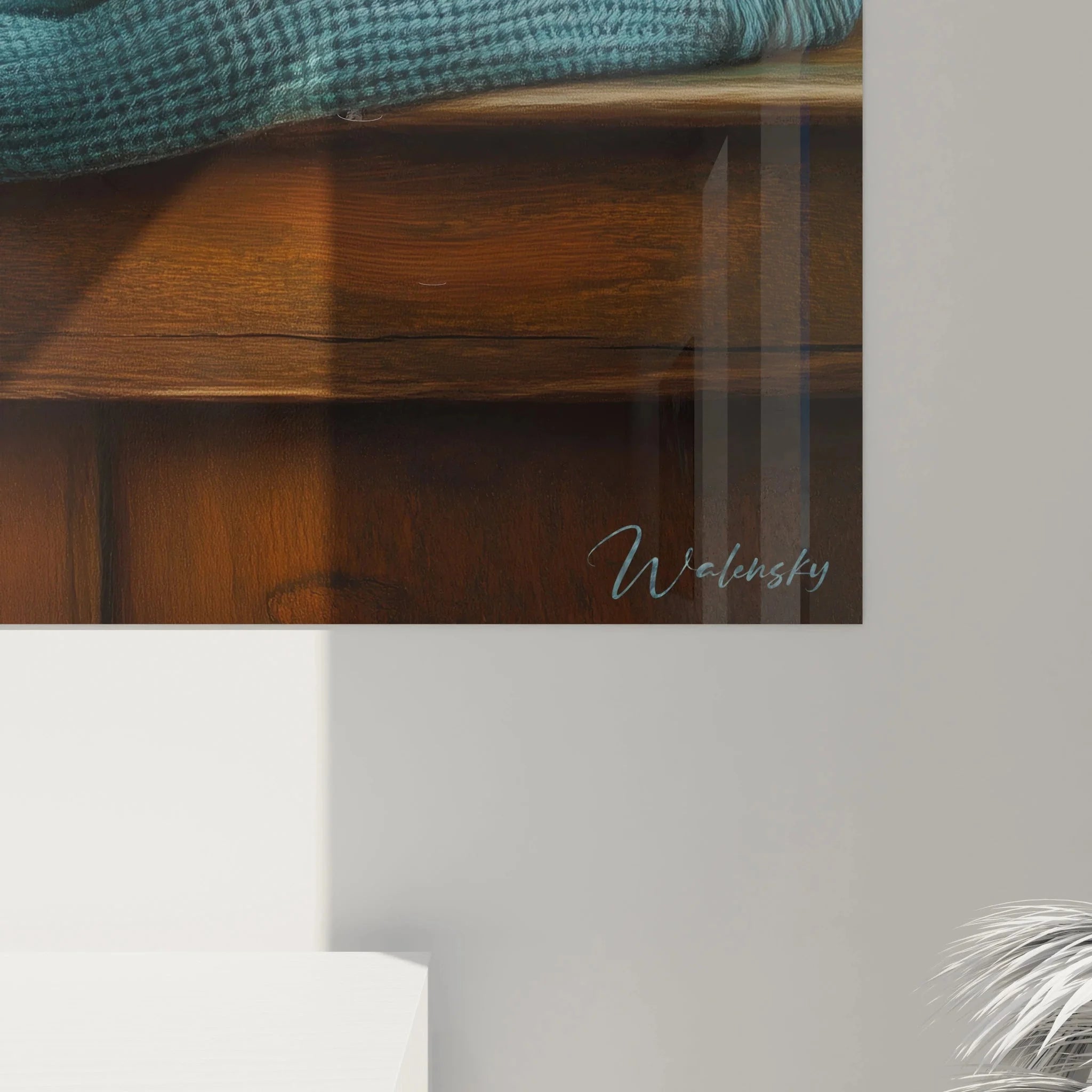 Komplettansicht Kaki Früchte Wandbild XXL, türkises Tuch Stillleben für moderne Küche