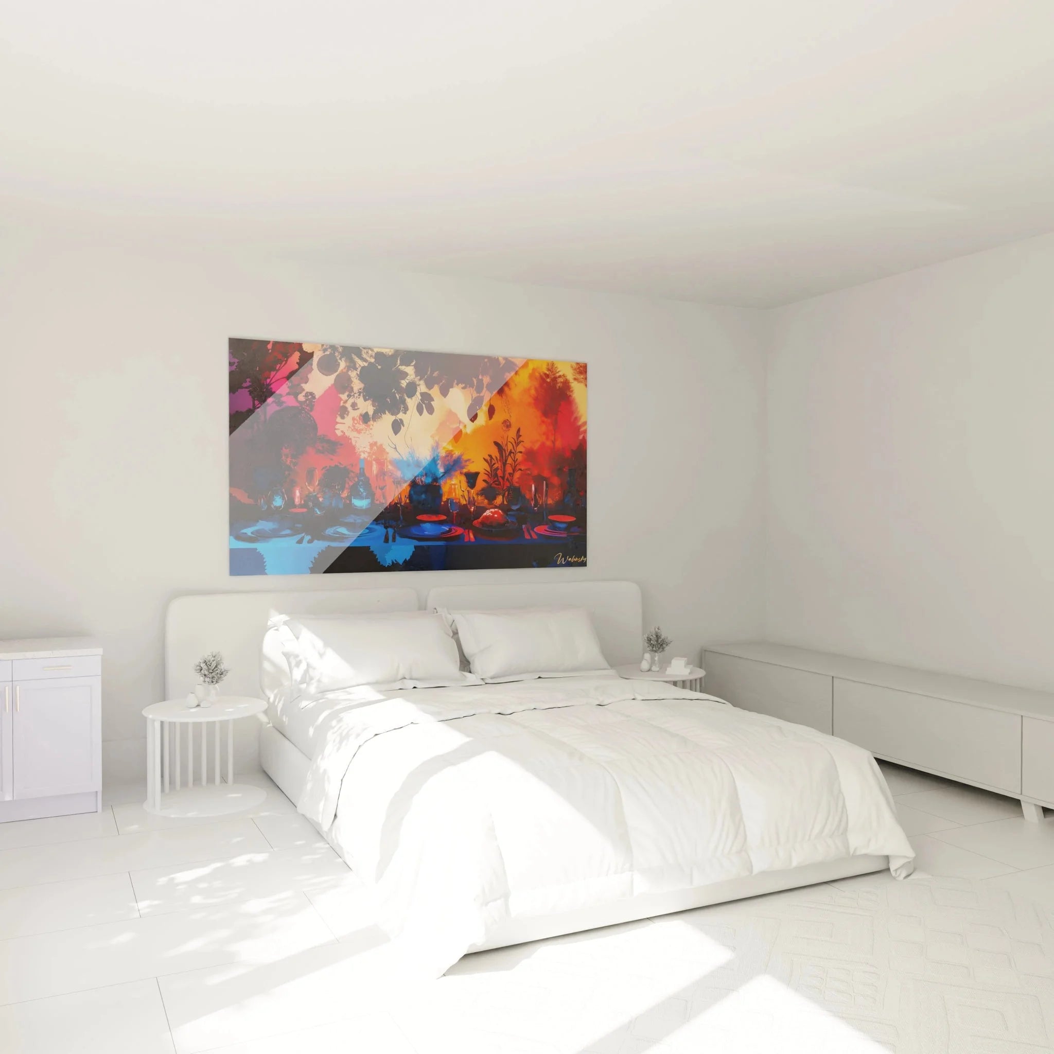 Stillleben Wandbild in Schlafzimmer Ambiente, impressionistische Farbkomposition