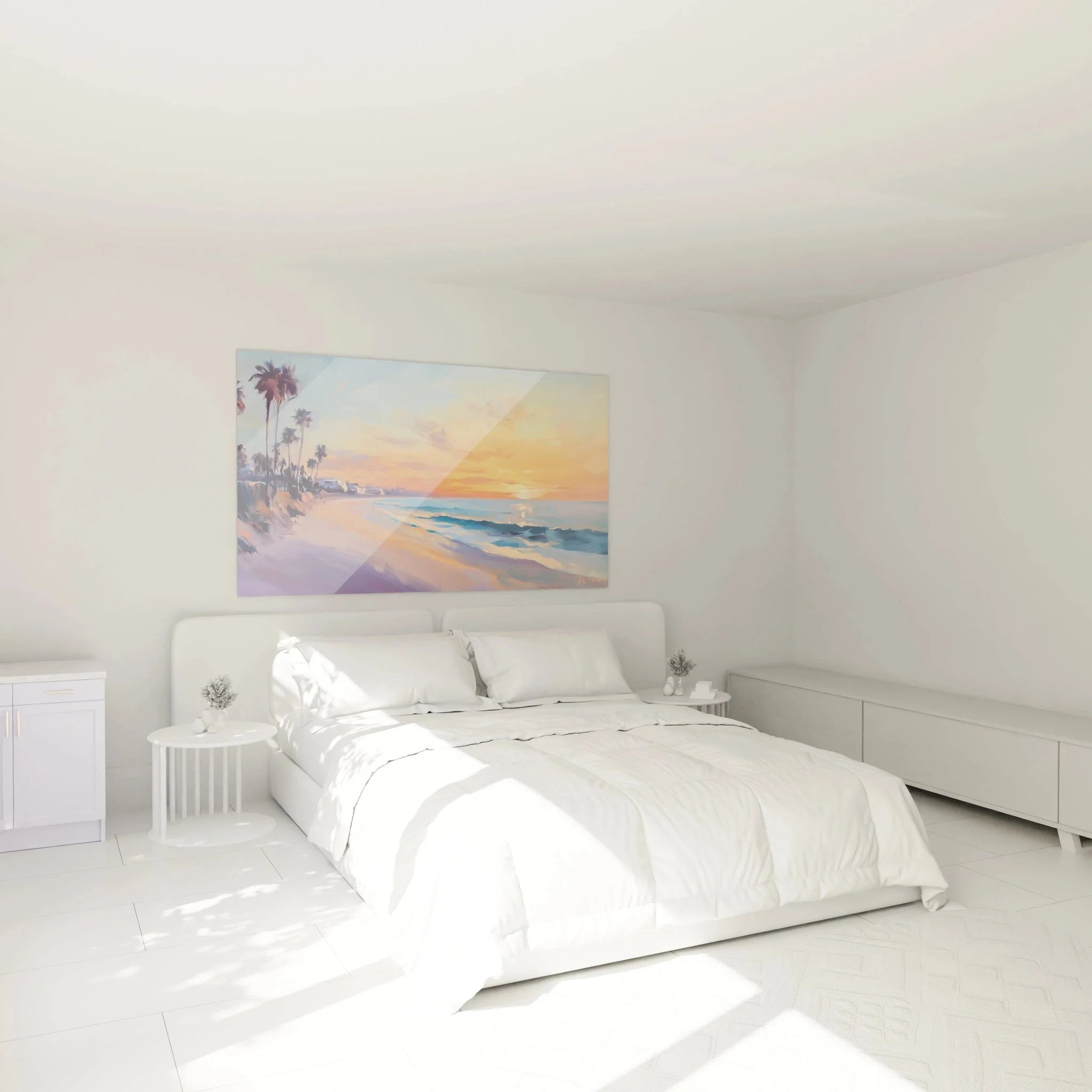 Strand Wandbild mit Palmen im Schlafzimmer als beruhigende Wanddekoration