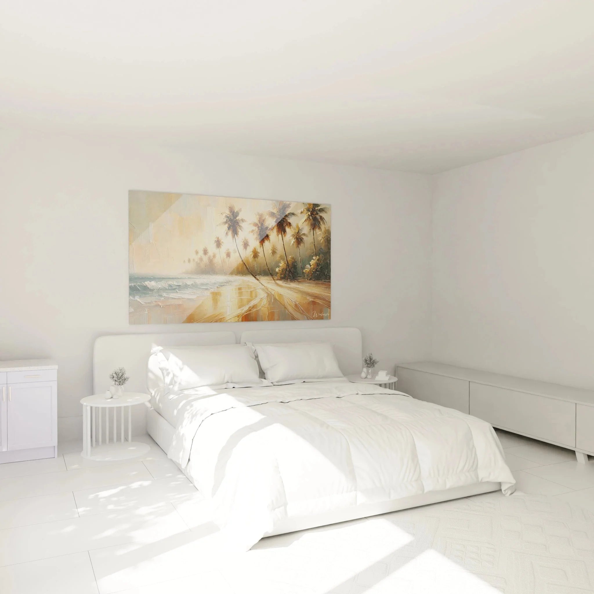 Tropisches Strandmotiv Wandbild im Schlafzimmer, Palmen und Sonnenuntergang für entspannende Atmosphäre