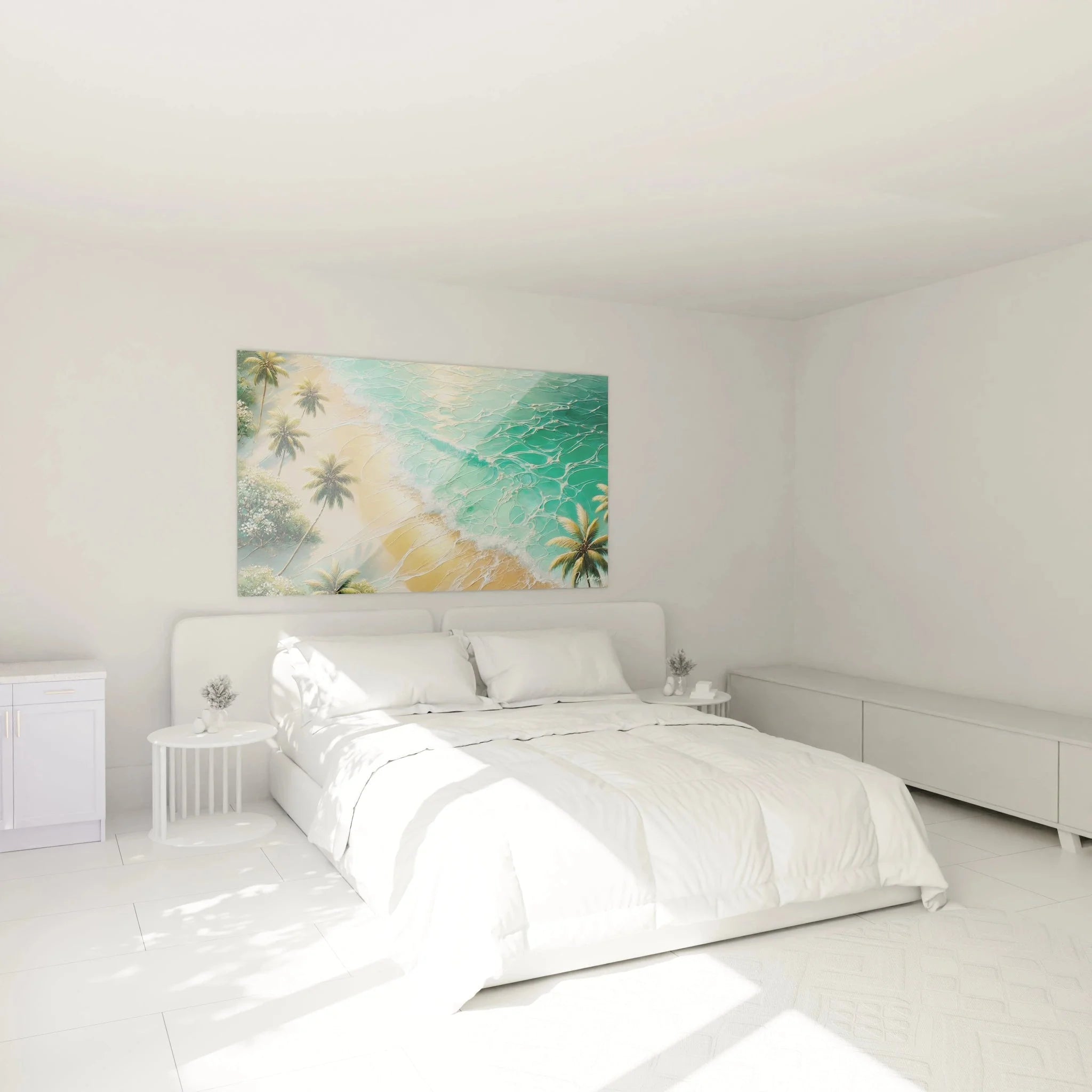 Tropisches Strand Wandbild im Schlafzimmer - Entspannende Karibik Atmosphäre mit Palmen Motiv