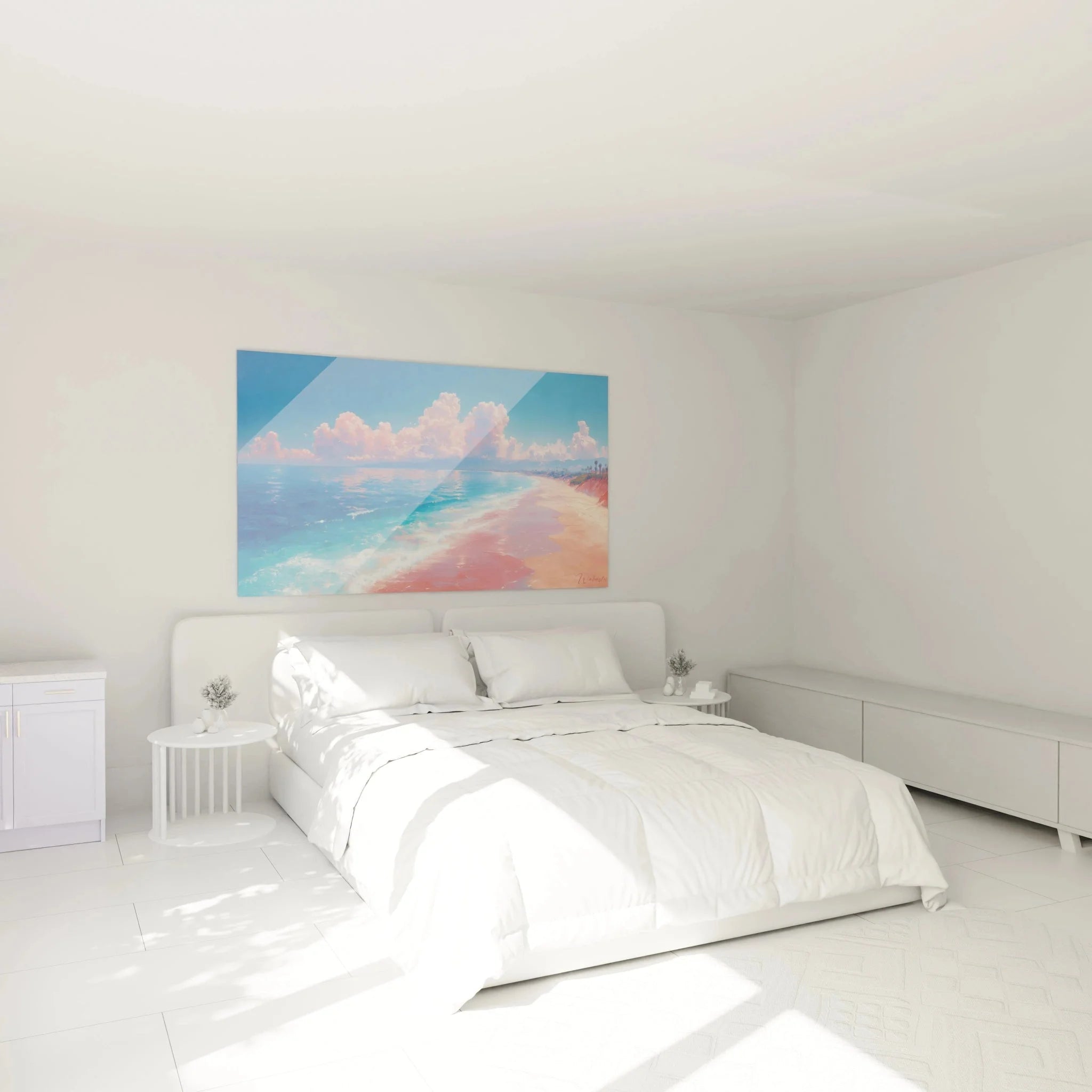 Strand Wandbild XXL im Schlafzimmer zeigt tropischen Traumstrand mit rosa Himmel
