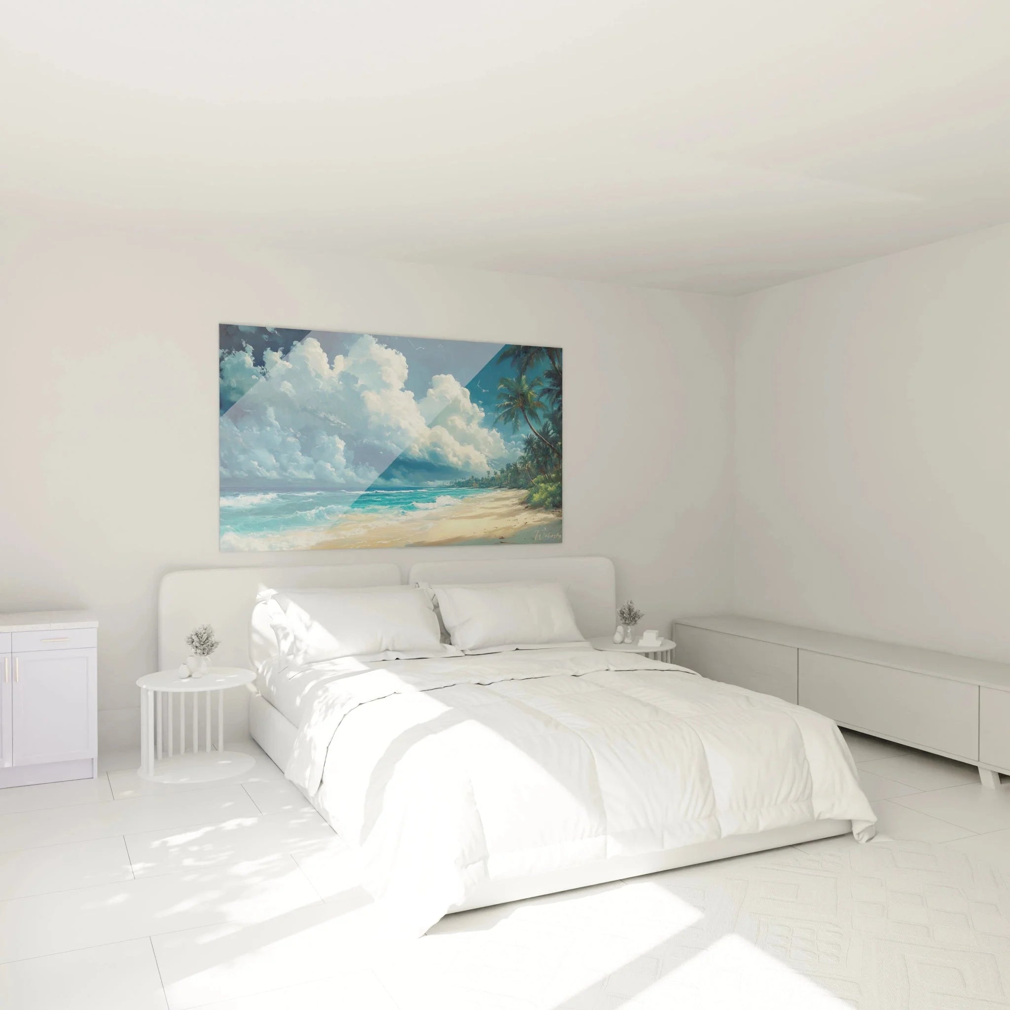Tropisches Strand Wandbild XXL in modernem Schlafzimmer mit Meer und Palmen Motiv