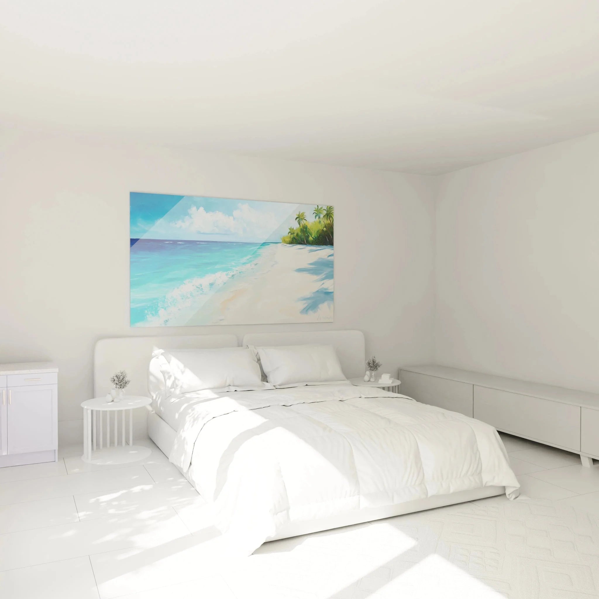 Tropisches Strand Wandbild XXL in modernem Schlafzimmer mit Palmen und Ozean Motiv