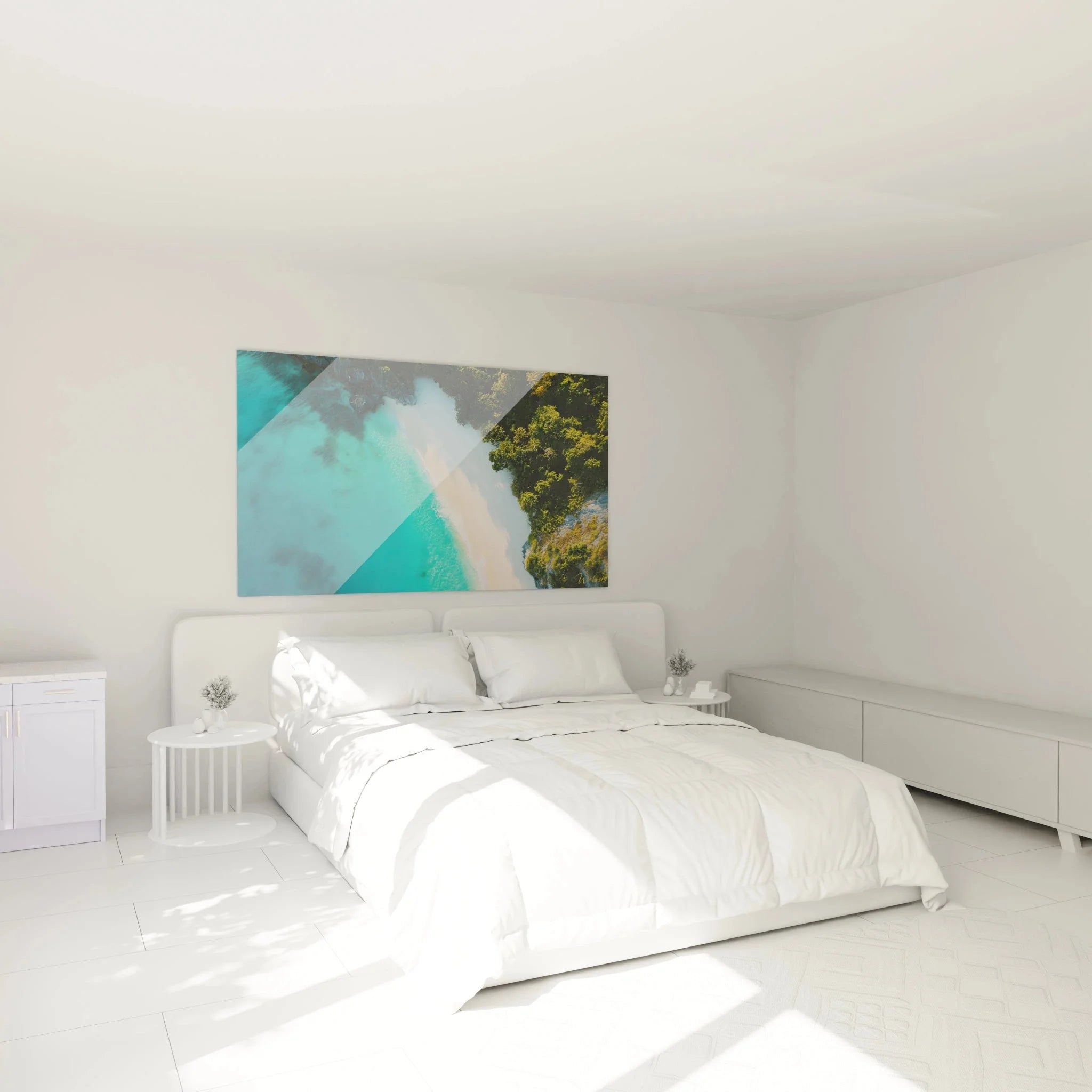 Tropisches Strand Wandbild XXL in modernem Schlafzimmer mit türkisem Wasser Luftaufnahme