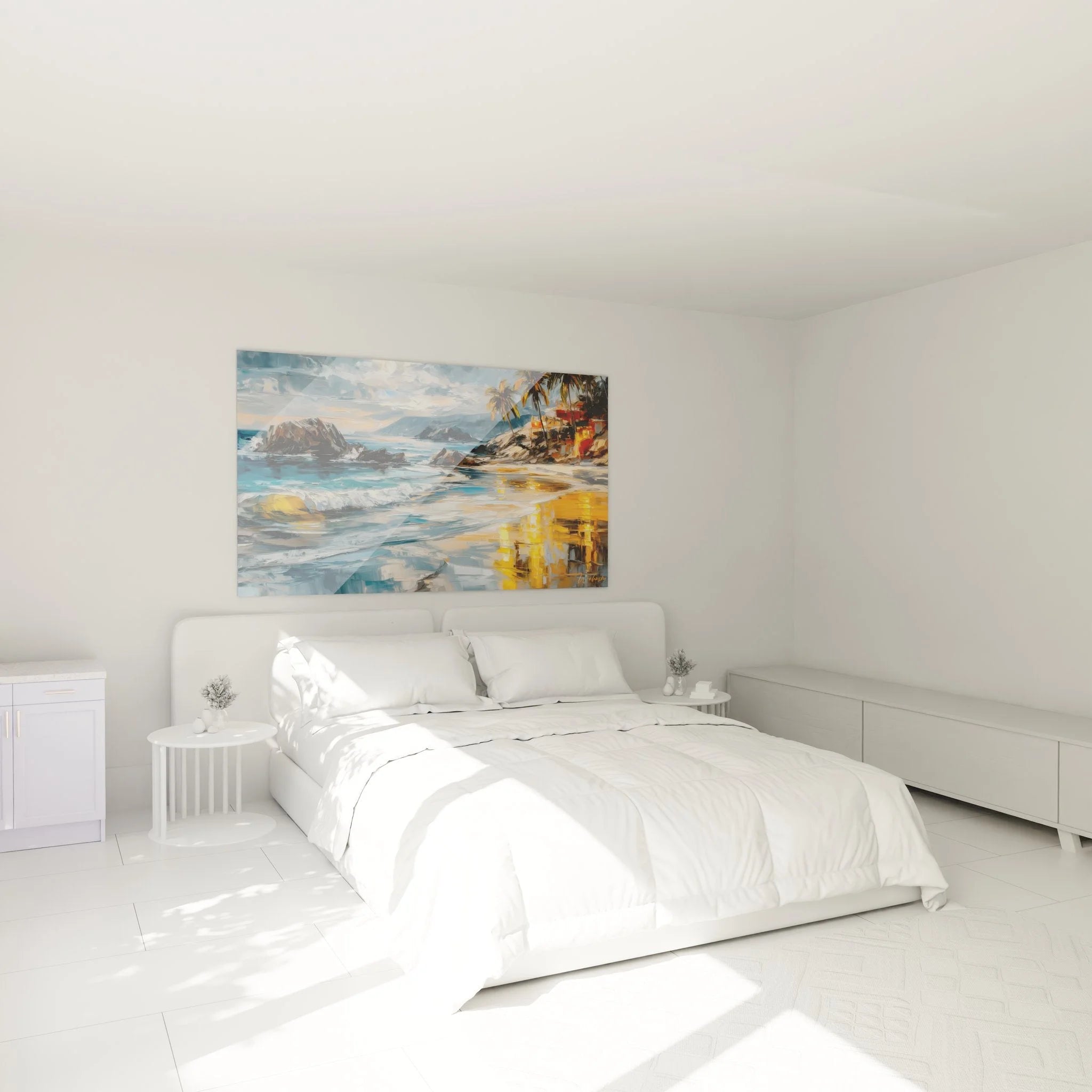 Tropisches Strandmotiv als Wanddeko im Schlafzimmer - Entspannende Atmosphäre mit Meeresblick