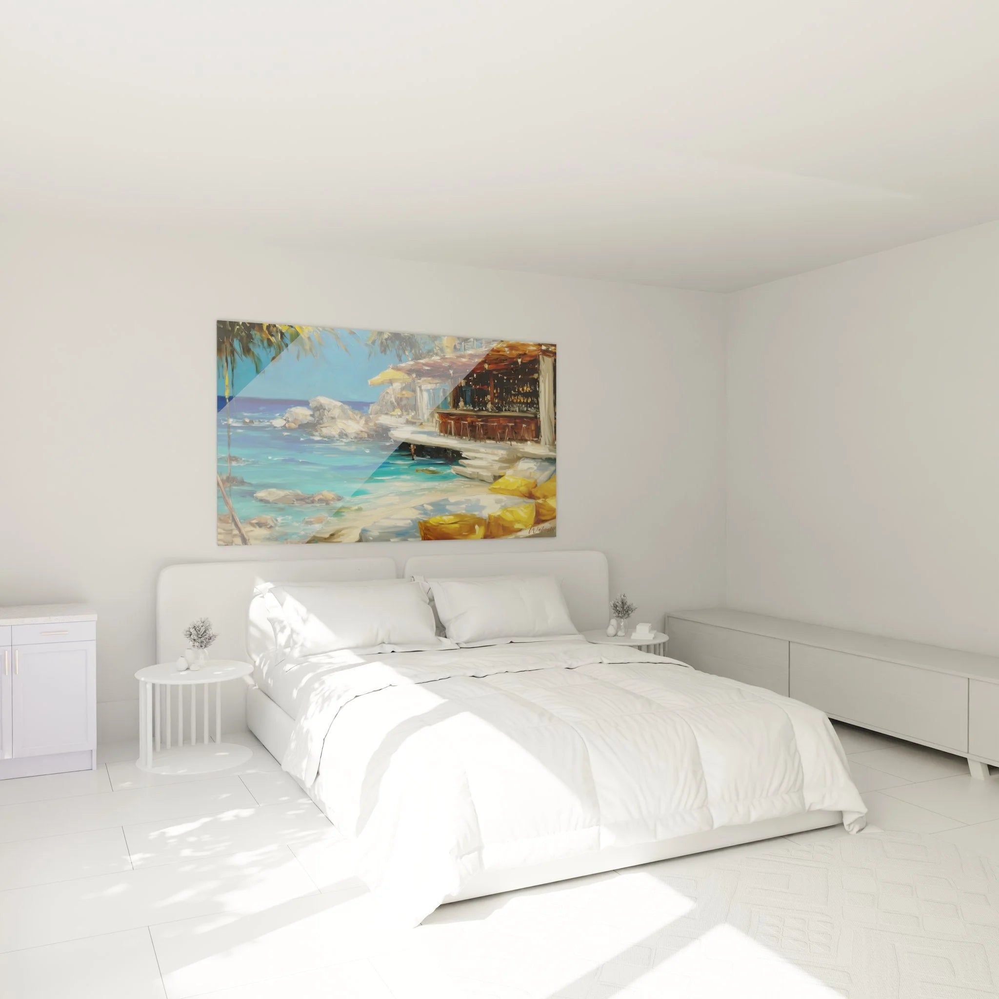 Mediterranes Strandbar Wandbild im Schlafzimmer - entspannende Küstenatmosphäre