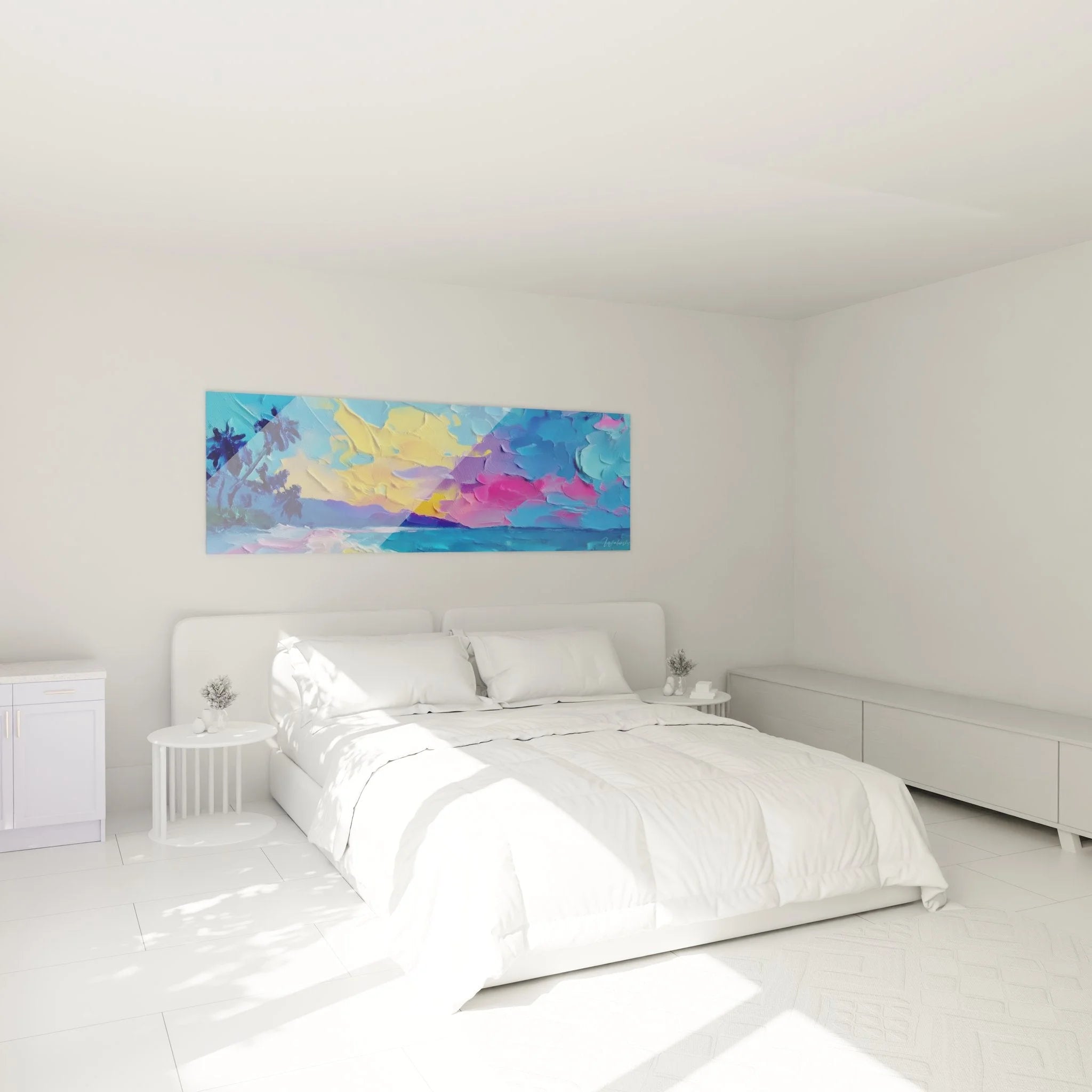 Tropisches Strandlandschaft Wandbild als Schlafzimmer Dekoration mit warmen Farben