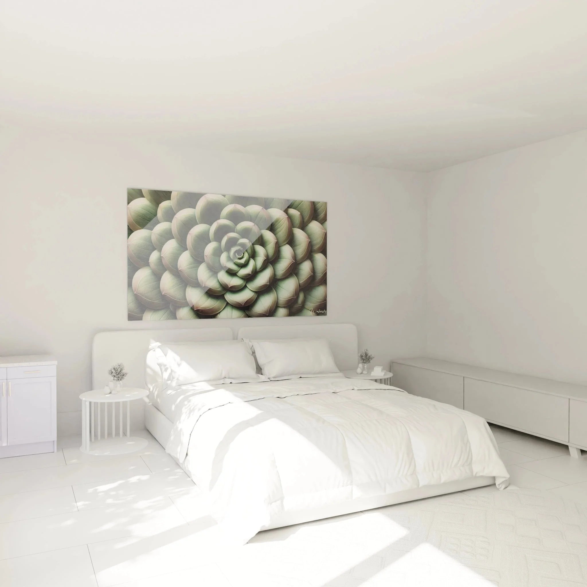 Sukkulenten Wandbild XXL über Bett im Schlafzimmer - moderne botanische Wanddeko Spirale grün