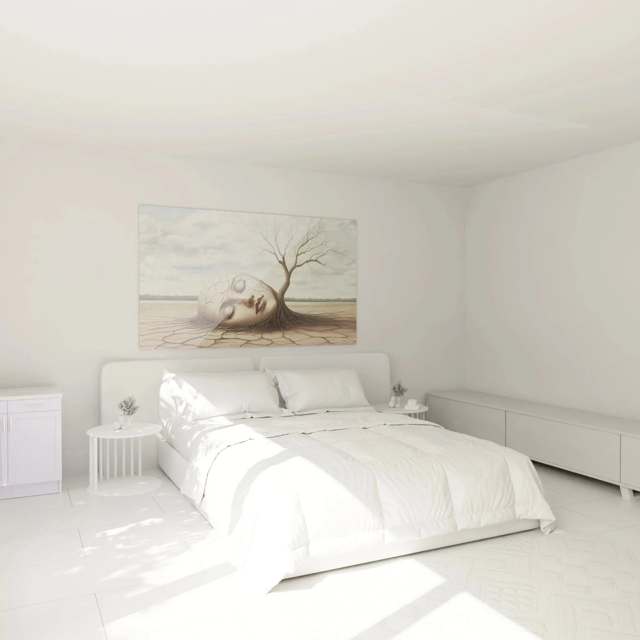 Surrealismus Wandbild Gesicht Baum in modernem Schlafzimmer als elegante Wanddekoration