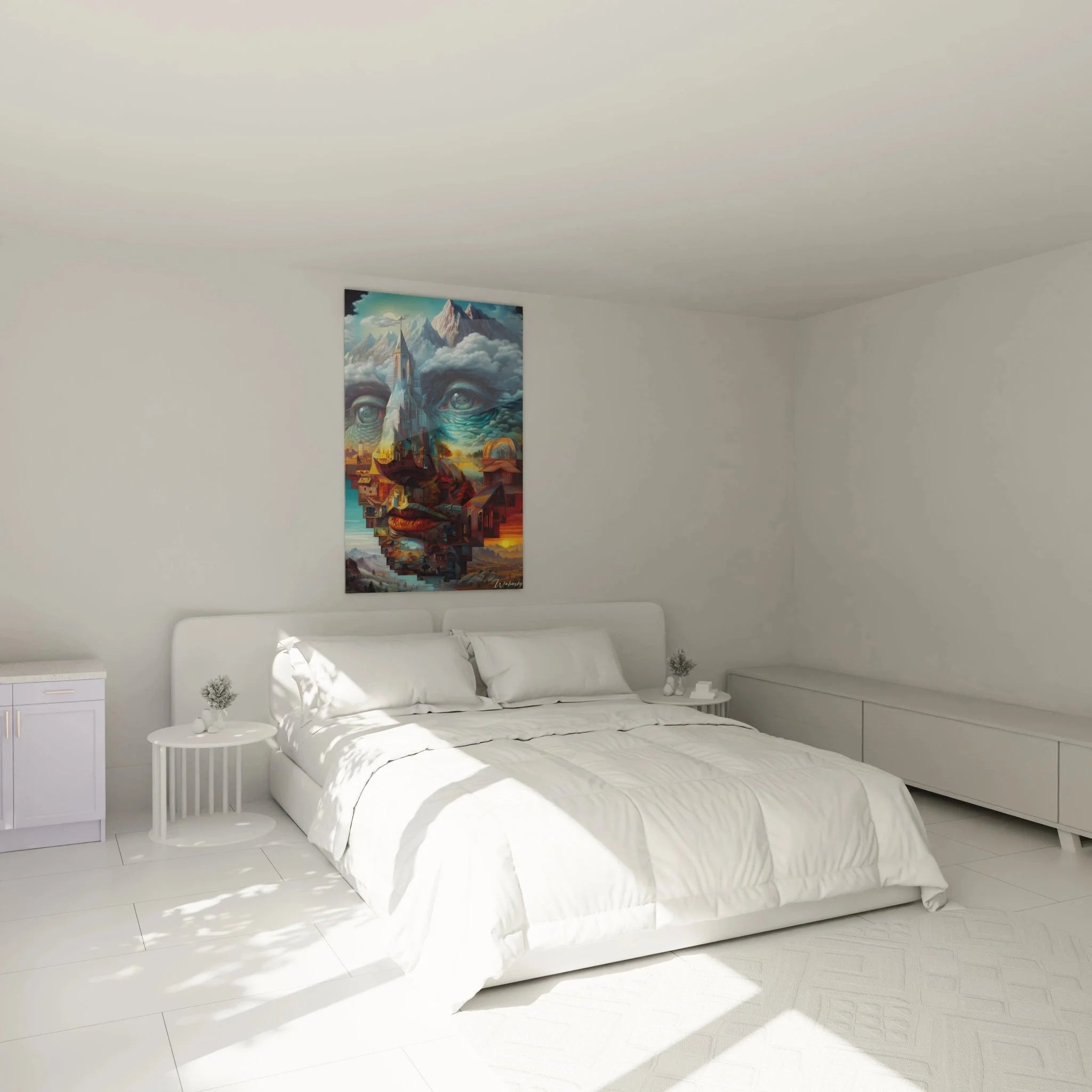 Surrealismus Wandbild mit Traumlandschaft im Schlafzimmer als moderne Wanddekoration